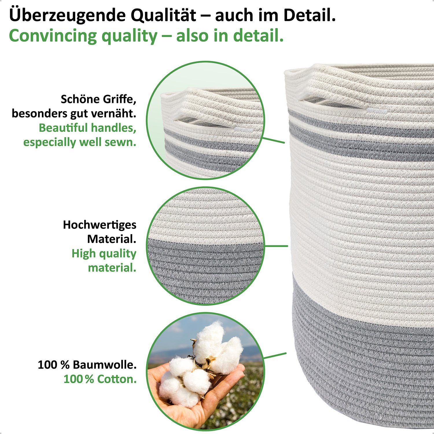WIESEN.design Wäschekorb Ben Ø41xH46 cm 61L, 100% Baumwolle, Aufbewahrungskorb geflochten, inkl. großem Waschsack und schwerem Wäschesack, gratis Versand