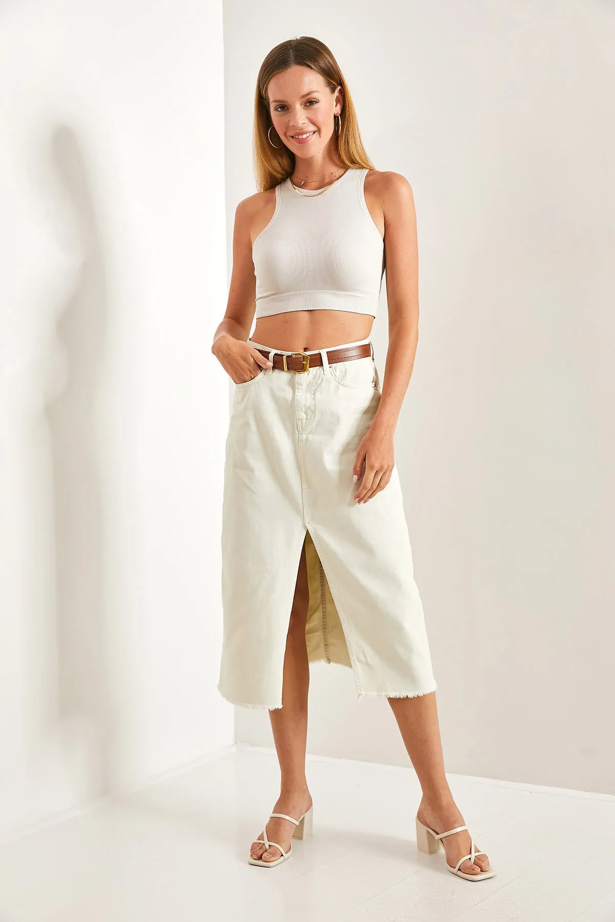 Bianco Lucci  Lasergeschnittener, geschlitzter Jeansrock für Damen