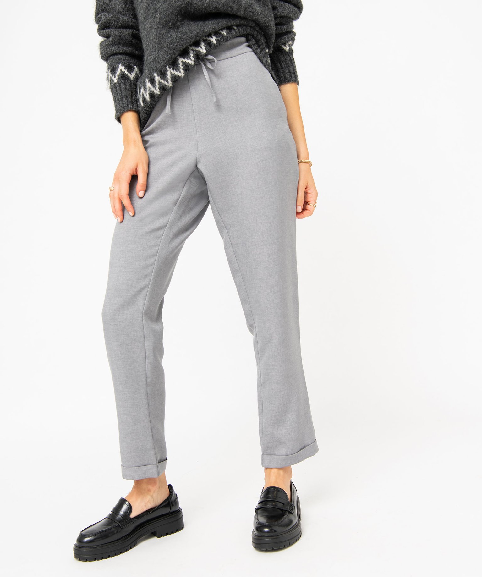 Pantalon en toile coupe ample avec taille élastique femme gris | GEMO