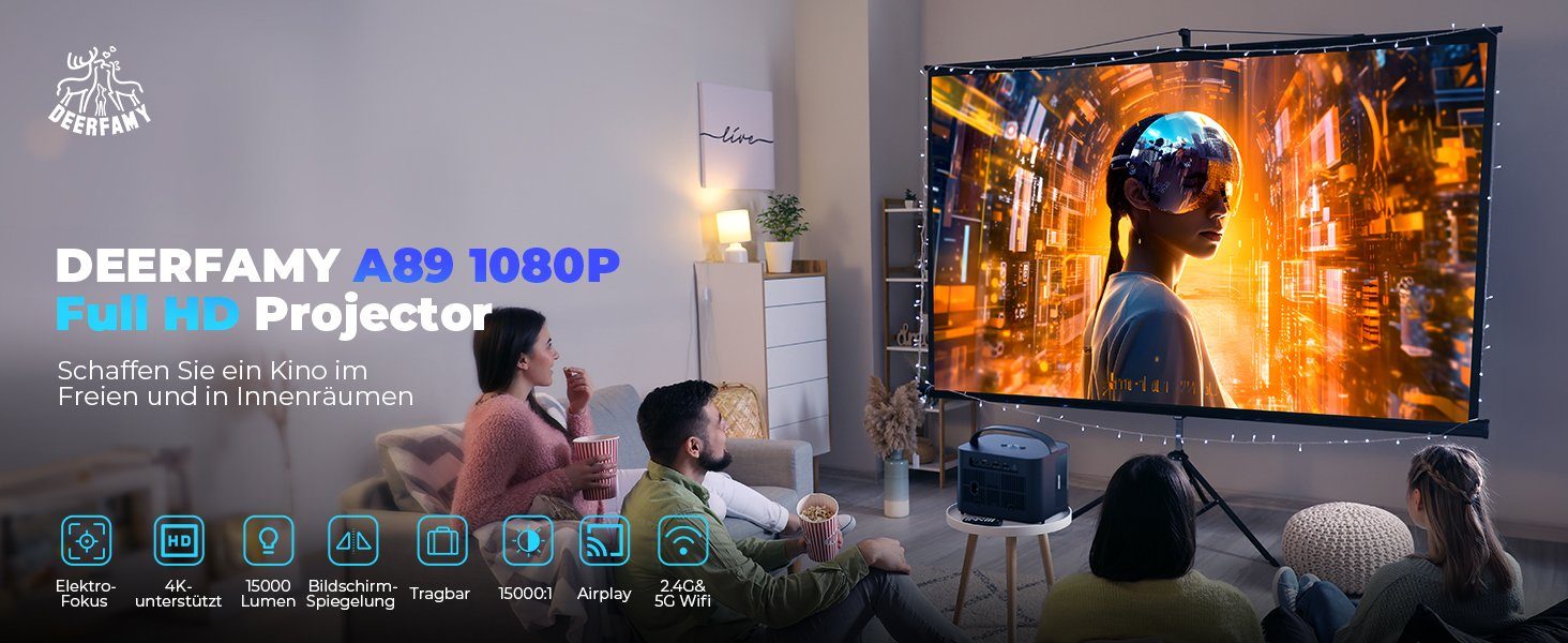 DEERFAMY 1080P 4K unterstützt ±40° Trapezkorrektur Portabler Projektor (15000 lm, 15000:1, Maximal 120