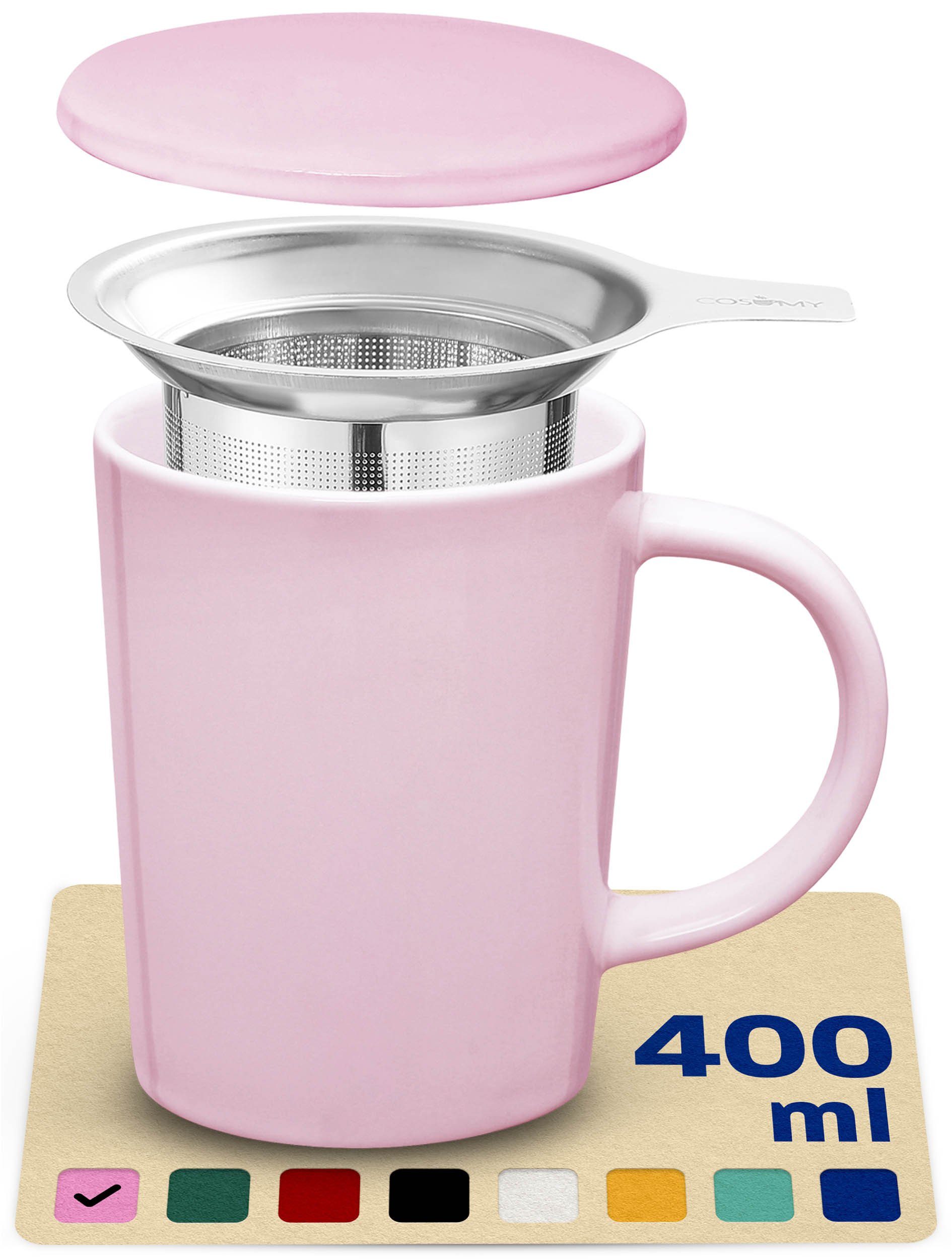 Cosumy Teeglas Teetasse mit Sieb und Deckel 400ml - Jumbotasse, Porzellan, Hält Lange warm - 400 ml Groß - Spülmaschinenfest