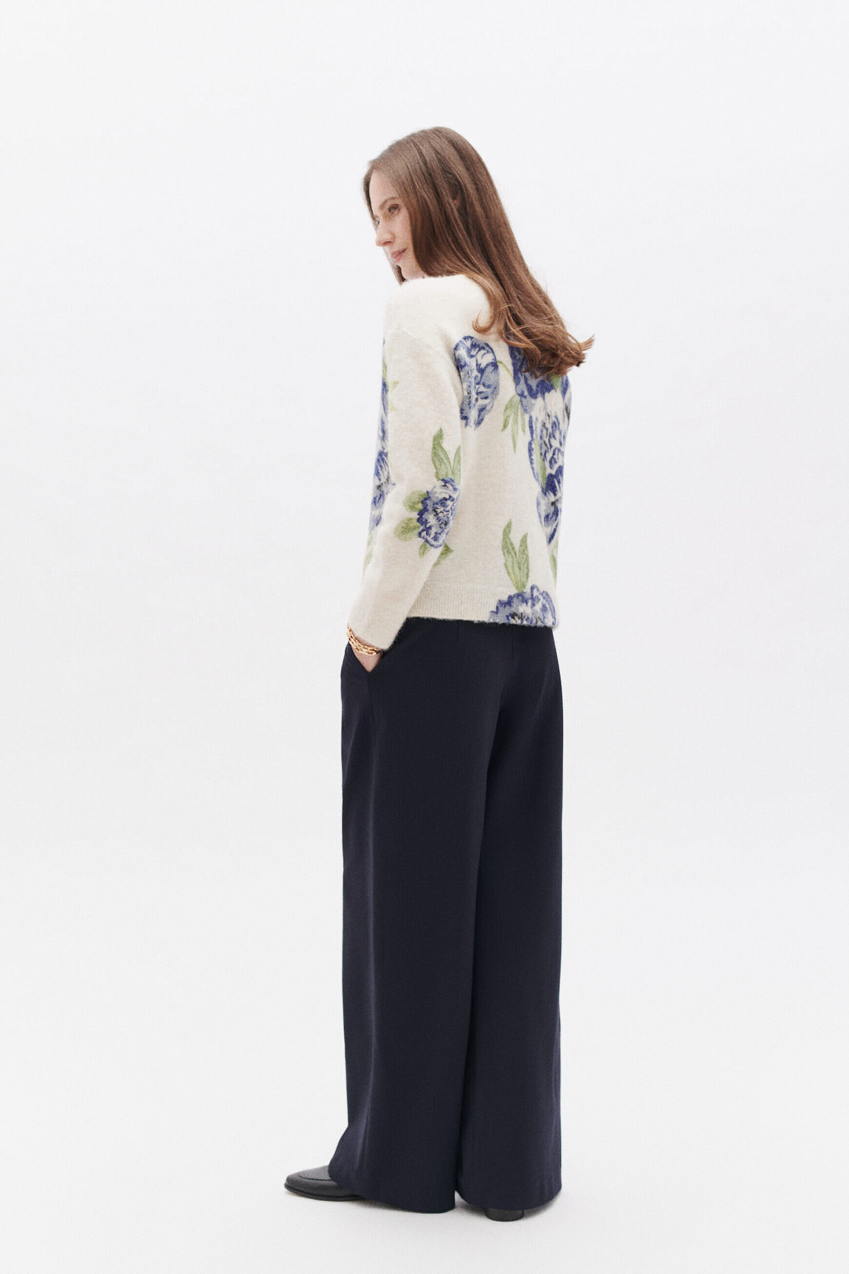 Pantalon principe bleu marine femme