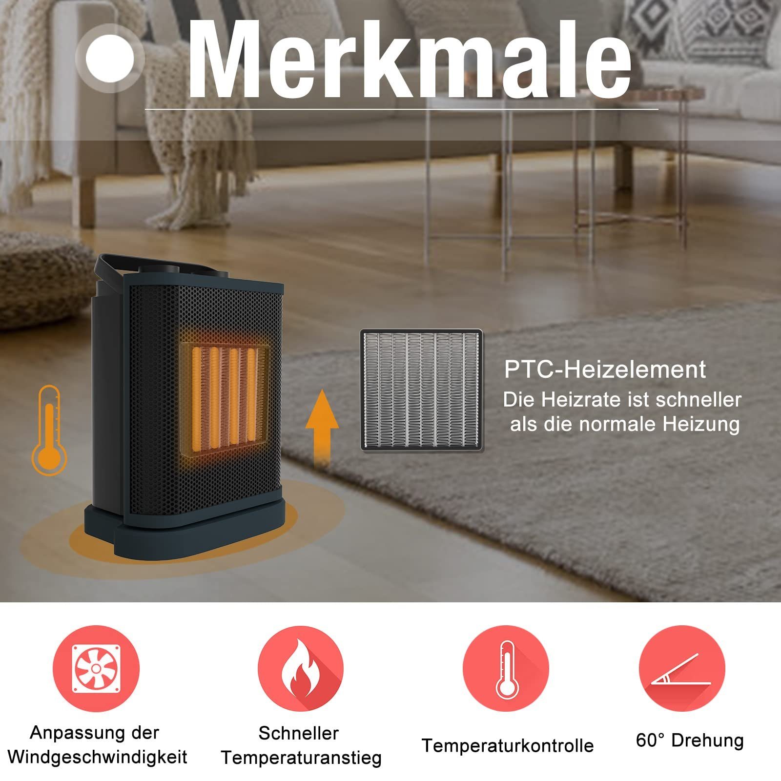 UISEBRT Keramikheizlüfter Keramikheizung, 1500 W, mit Überhitzungsschutz