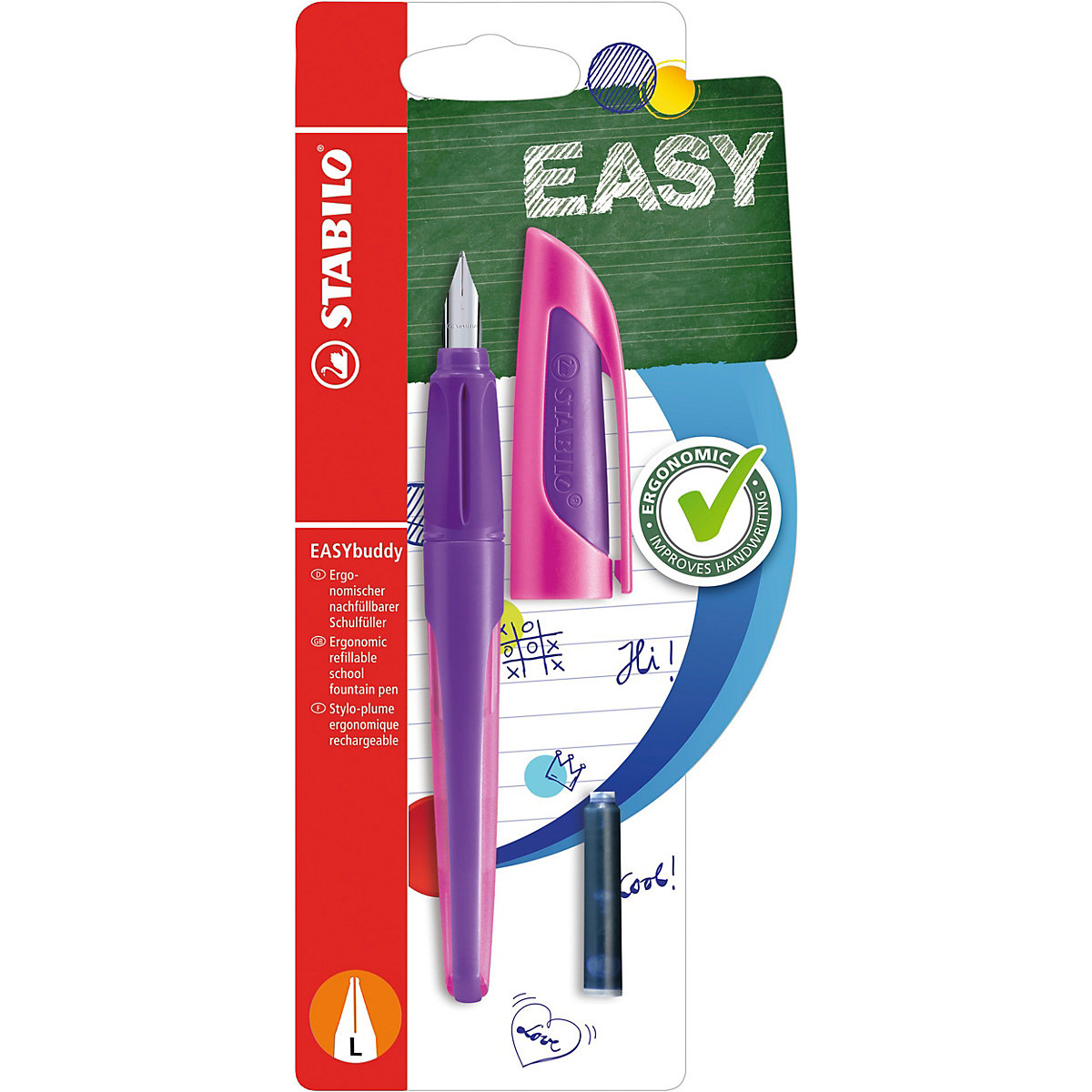 Schulfüller EASYbuddy L-Feder Linkshänder lila/magenta, inkl. Patrone