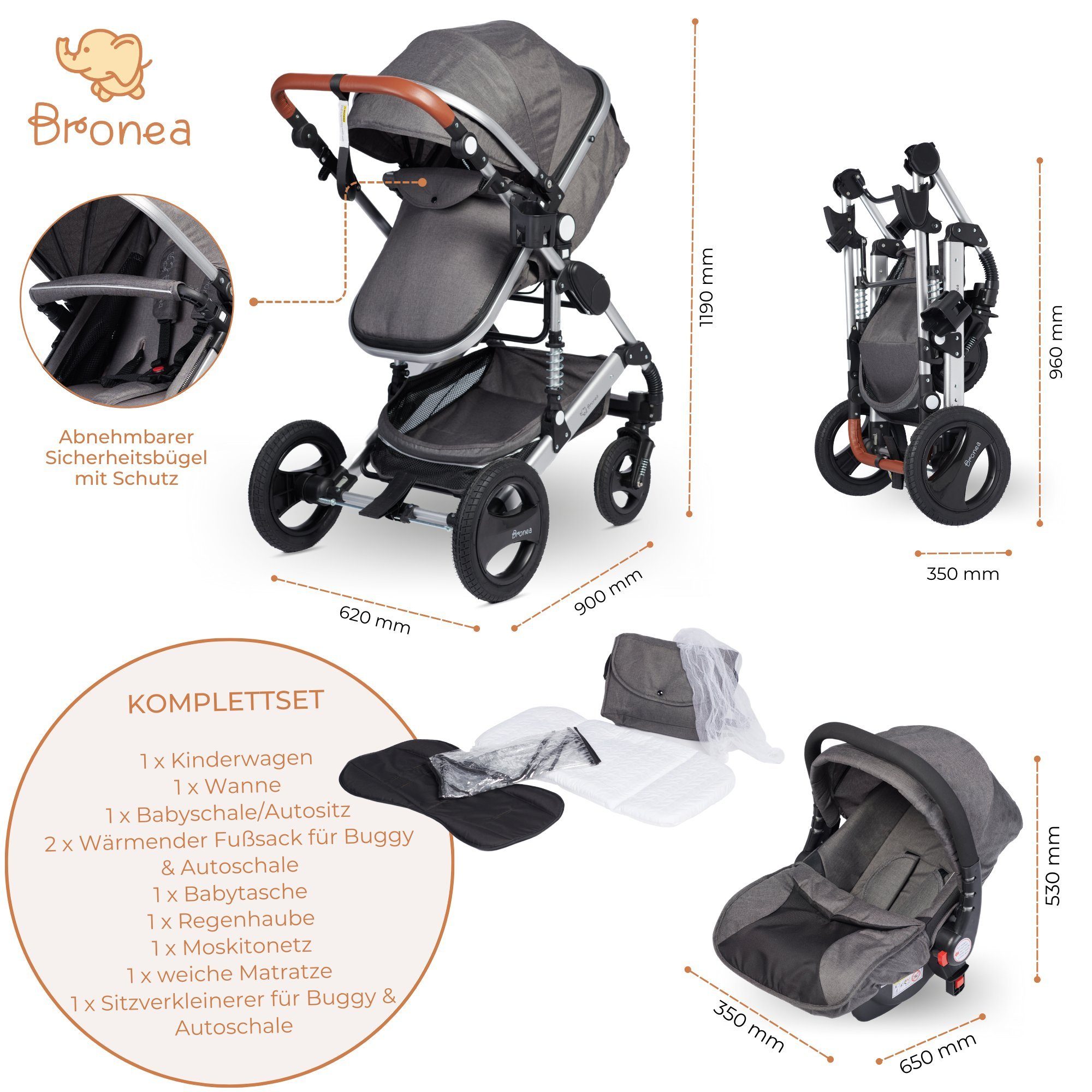 Bronea Kombi-Kinderwagen 3 in 1 Kinderwagen Set mit ISOFIX Station & Zubehör - Auto-Babyschale, (10, 10-tlg), große Räder - leicht klappbar - verstellbarer Fahrtrichtung - 0-25kg