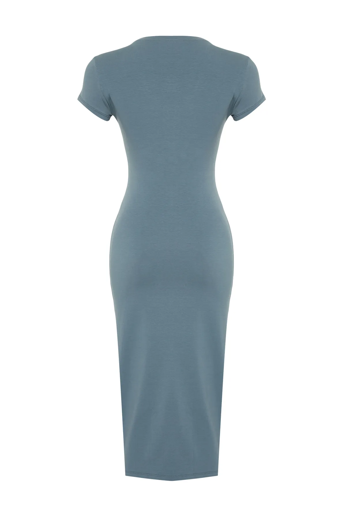 Trendyol Collection  Helles Anthrazit, tailliertes/tailliertes Midi-Baumwoll-Stretch-Strickkleid mit Raffung und Schlitz TWOSS23EL00777