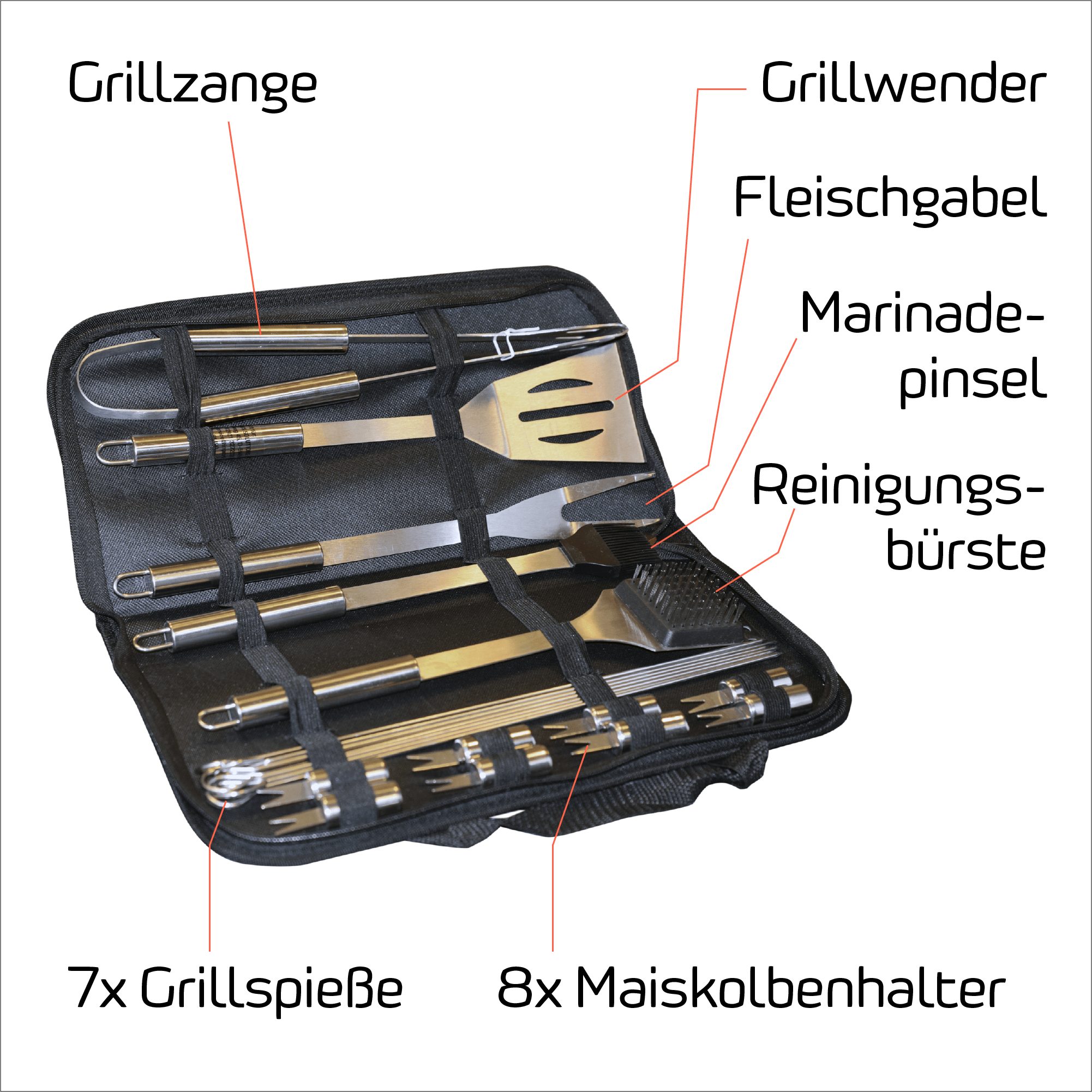 Jo Fire Grillbesteck-Set Jo Fire Grillbesteck mit Tragetasche Edelstahl Grillzubehör Grillzange, (20 Tlg)