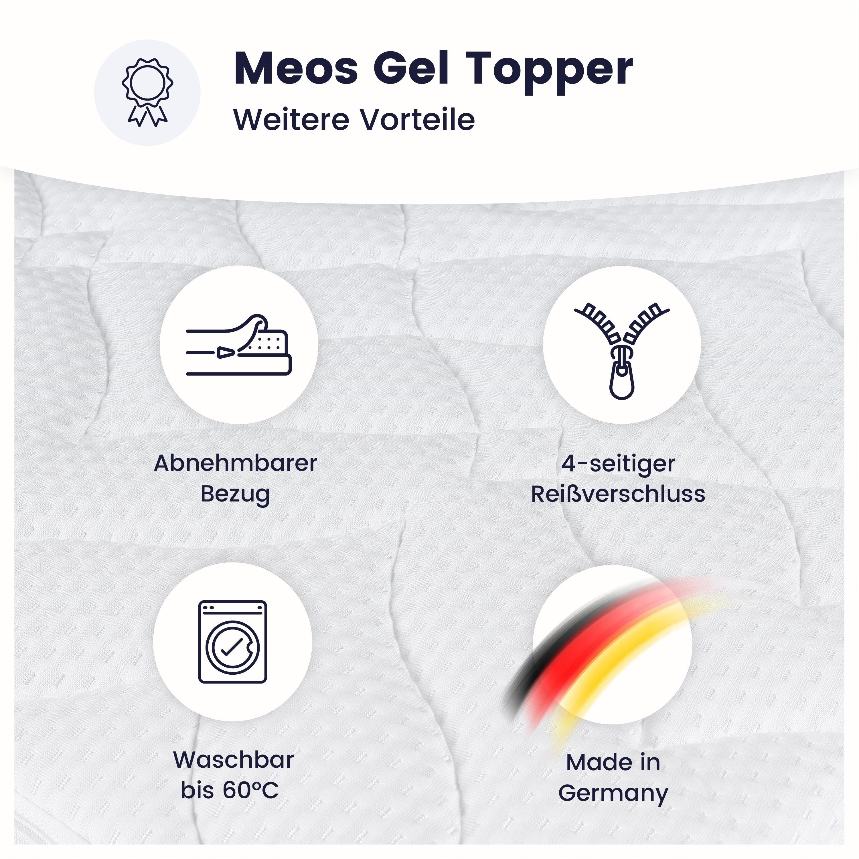 Topper Gel-Schaum Topper für Matratzen und Boxspringbetten, Meos, 6 cm hoch, Gelschaum, 90x200 cm, Made in Germany, 4-seitiger Reißverschluss sorgt für abnehmbaren und waschbaren Bezug, Besonders atmungsaktiv durch Klimaband, Spanngummis gegen ein Ve