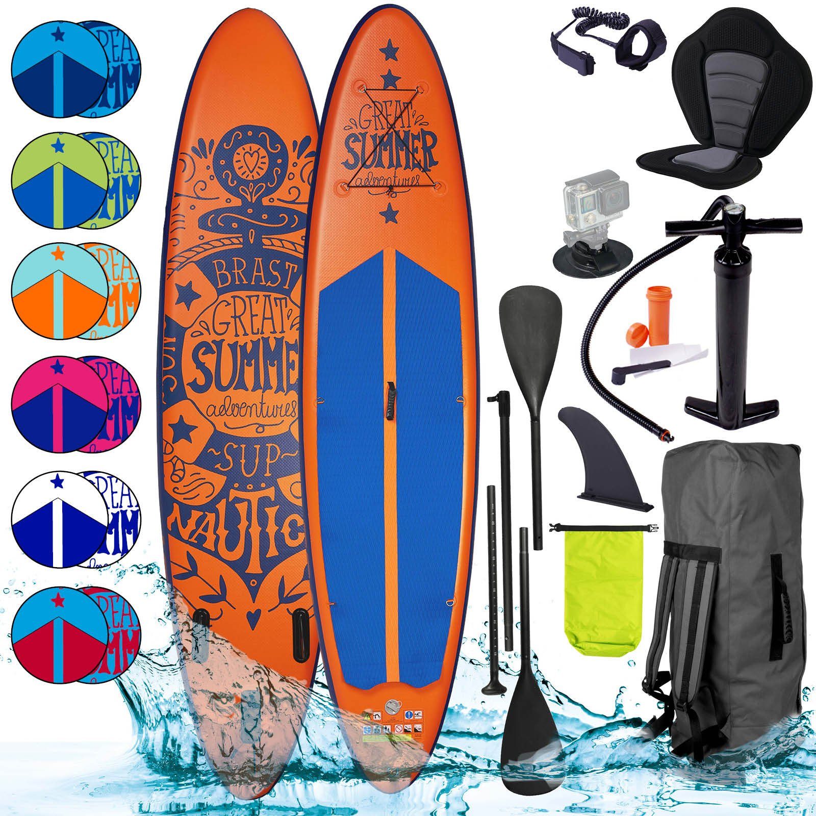 BRAST SUP-Board Summer Aufblasbares Stand up Paddle Set - 320x81x15cm, 5 Jahre Garantie inkl. Sonderzubehör, (2in1 Paddel Kajak-Sitz Action-Cam-Halterung), Fußschlaufe Paddel Pumpe Rucksack