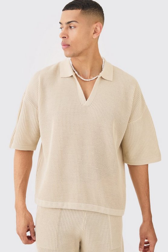 Kastiges geripptes Oversize Poloshirt mit V-Ausschnitt