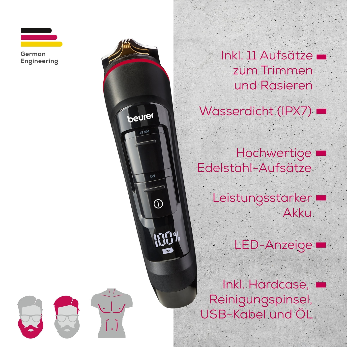 Beurer Multigroomer MN9X-Vielseitiger, wasserfester Styler für die gesamte Körperbehaarung
