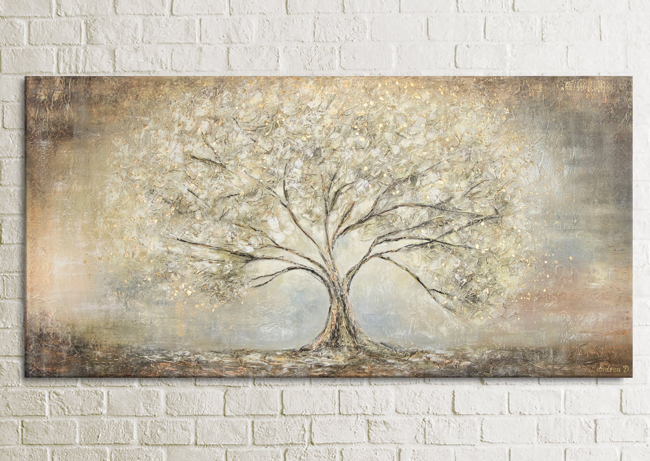YS-Art Gemälde Goldbaum, Abstrakte Bilder, Leinwand Bild Handgemalt Gold Baum Stammbaum Braun