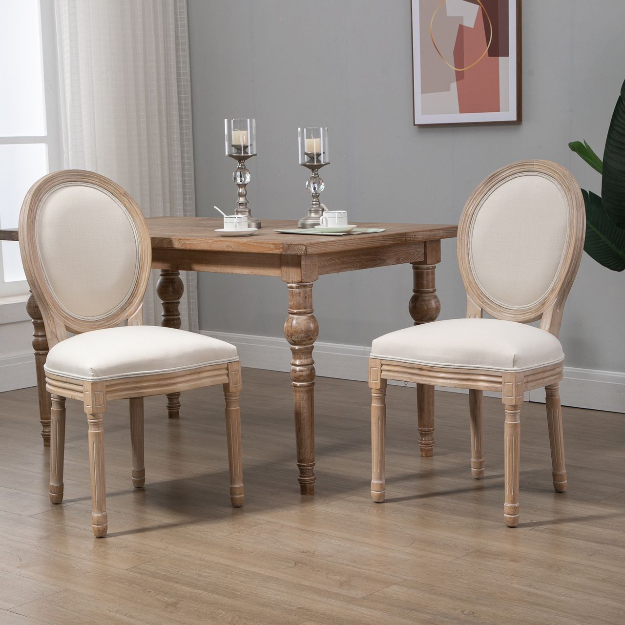 HOMCOM 2er Set Esszimmerstühle Vintage Küchenstuhl Polsterstuhl mit Rückenlehne Linen-Touch Massivholz Cremeweiß Natur 49 x 56 x 96 cm