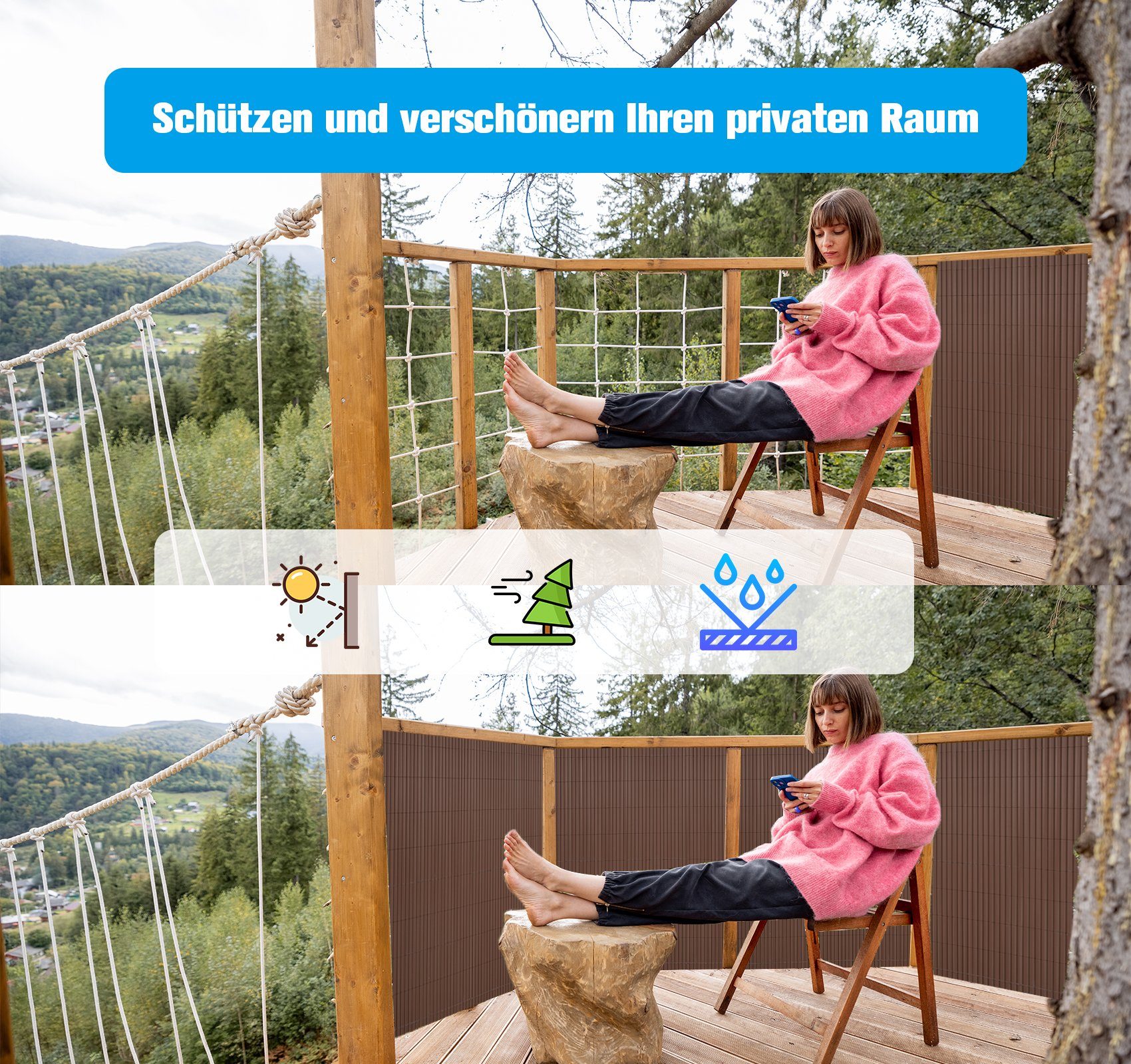 Homewit Balkonsichtschutz PVC Sichtschutzmatte mit Bindern Windschutz Wasserdicht ohne Bohren Doppelte Verstärkung Innen (Schwarz/Braun/Naturholzfarben)
