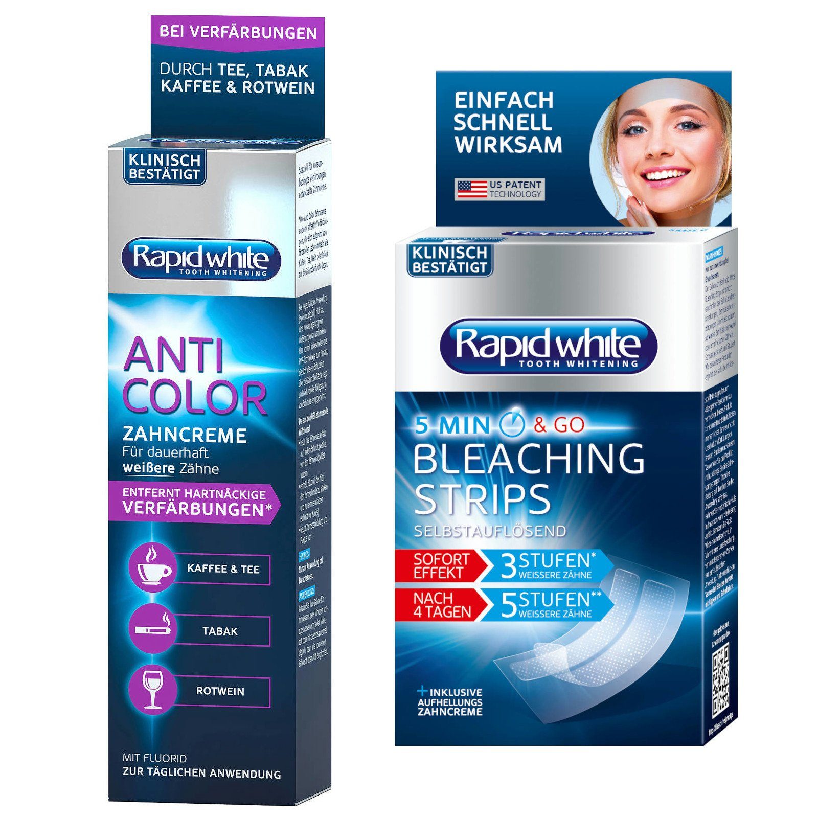 Rapid white Zahnbleaching-Kit Anti Color Zahncreme 75 ml + Express Bleaching Strips SET