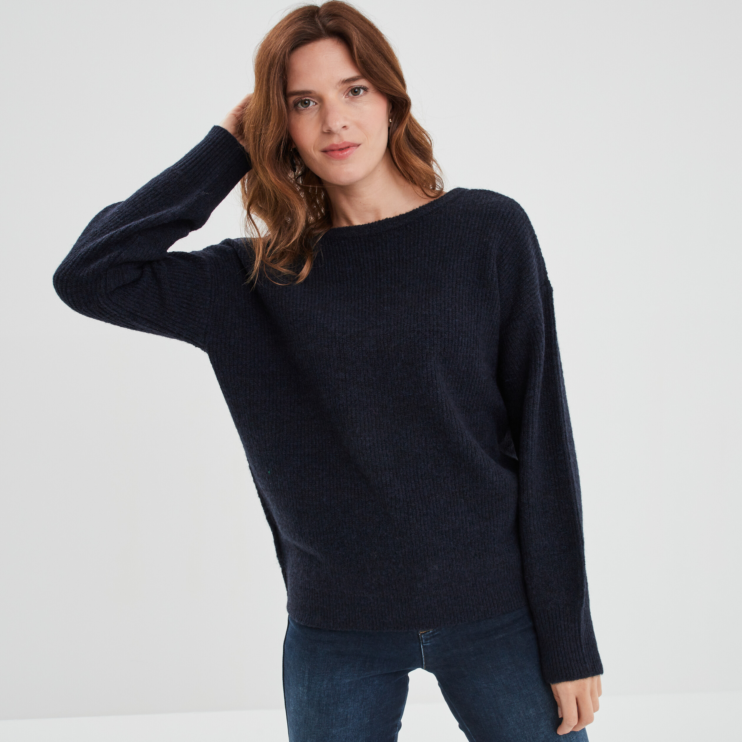Pull réversible dos col en V bleu foncé femme | La Halle