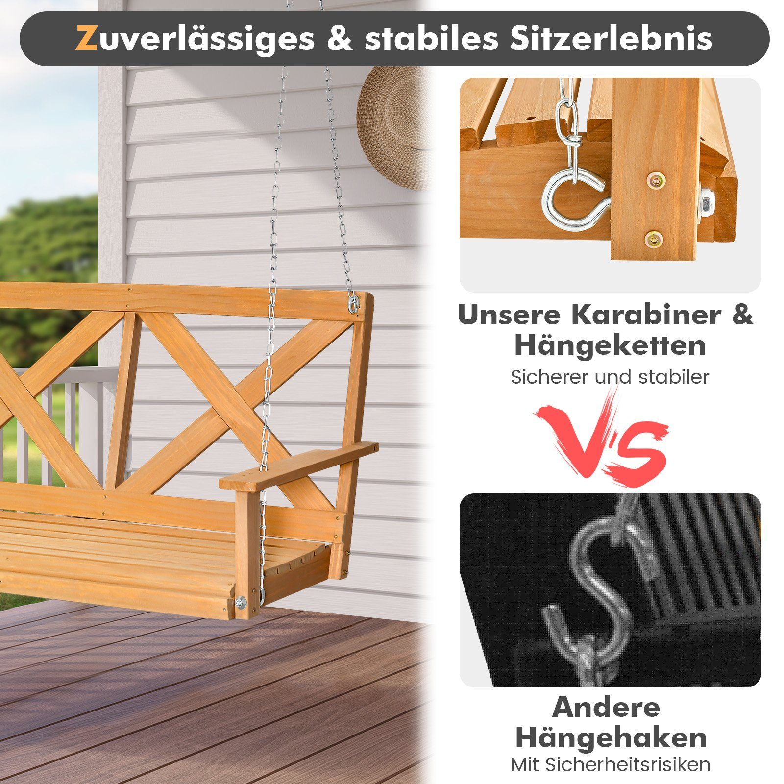 COSTWAY Hollywoodschaukel Hängebank, 2,00-Sitzer, aus Holz, bis 240kg