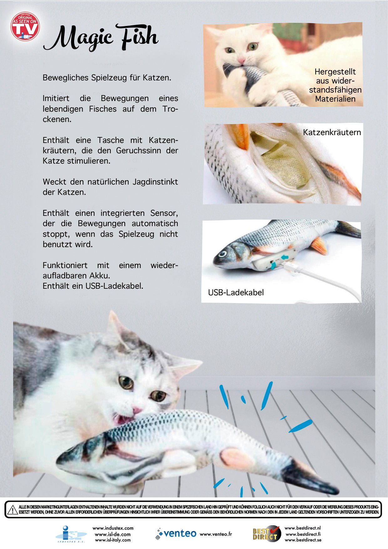Best Direct® Tier-Beschäftigungsspielzeug Magic Fish®, Baumwolle, Polyester, Katzenspielzeug zappelnder, bewegender Fisch mit Katzenminze