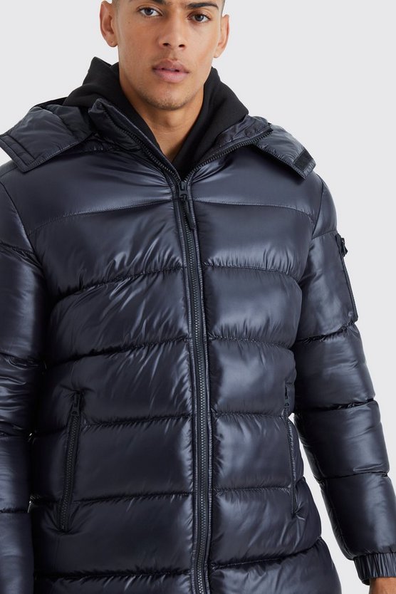 Hochglänzende gepolsterte Steppjacke mit Kapuze