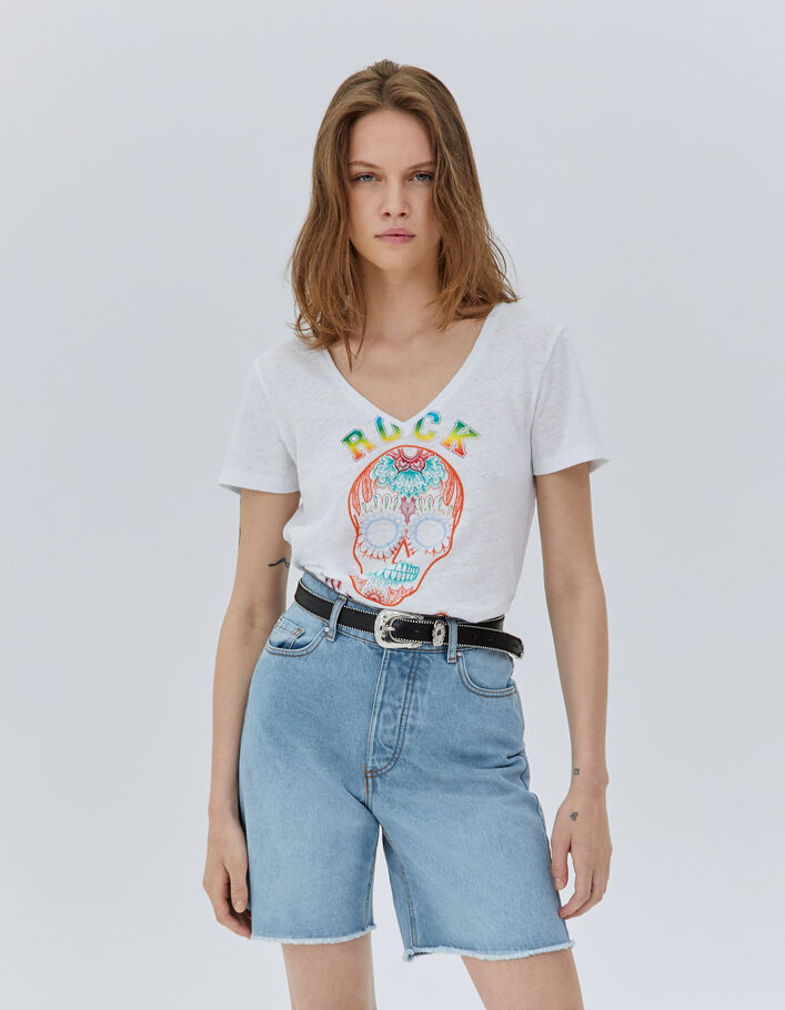 Tee-shirt blanc visuel tête de mort métalisé et broderies femme