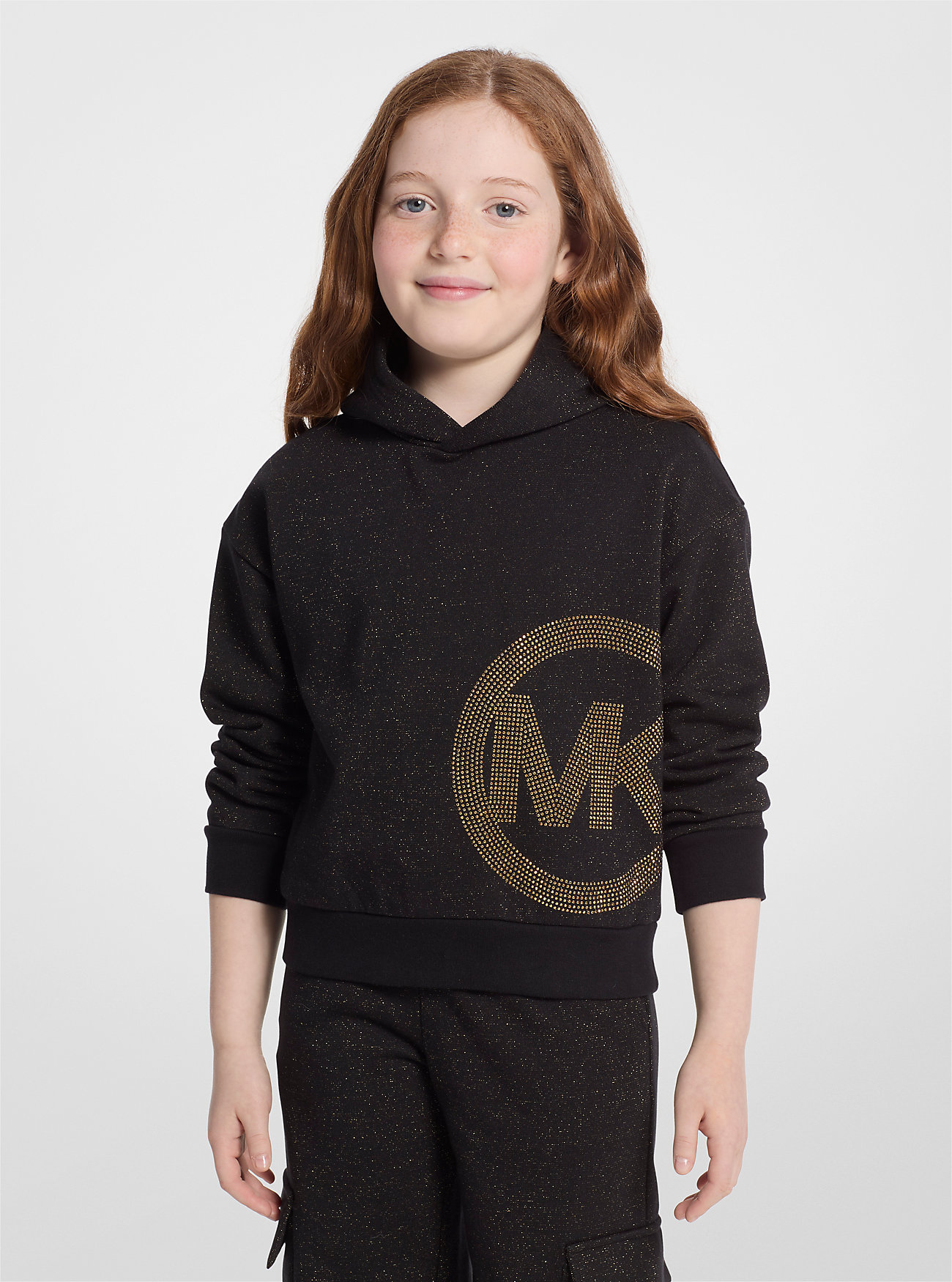 Metallisk strikket hettegenser med nagler og logo - SVART