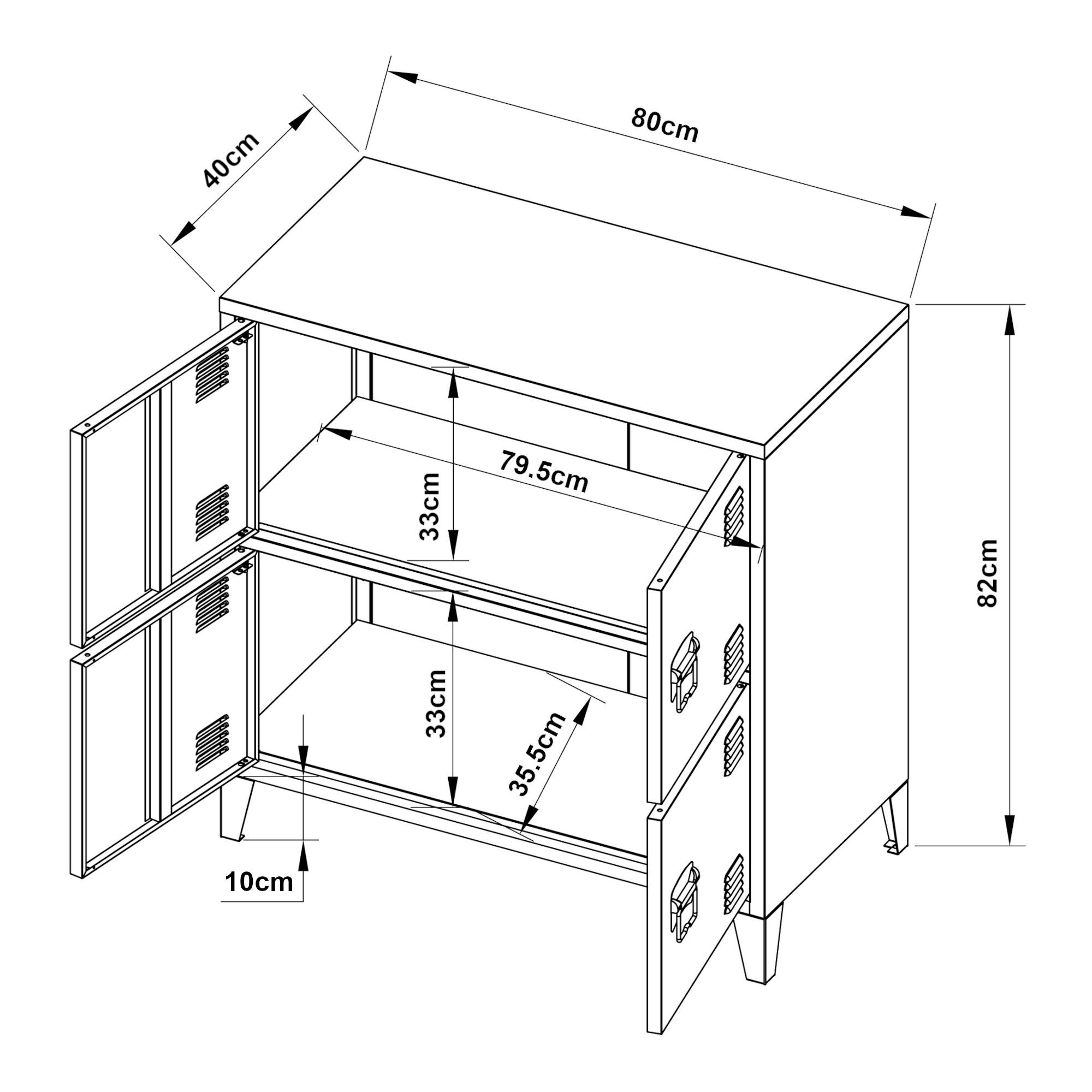 en.casa Mehrzweckschrank Hamina Büroschrank mit 4 Türen 80x40x82 cm Weiß