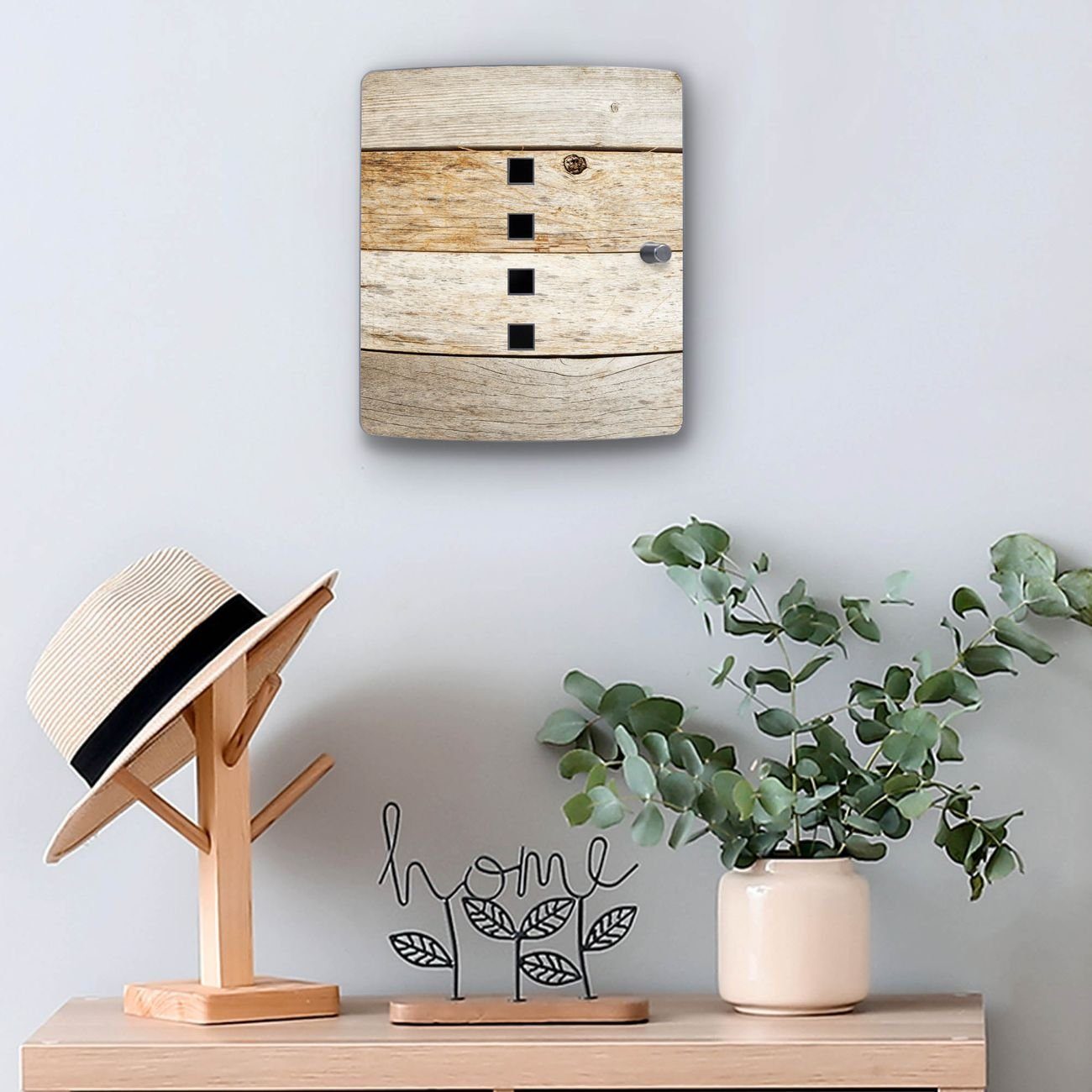 banjado Schlüsselkasten Edelstahl Graues Holz (verstellbarer Magnetverschluss, mit 10 Haken), 24 x 21,5 x 7 cm