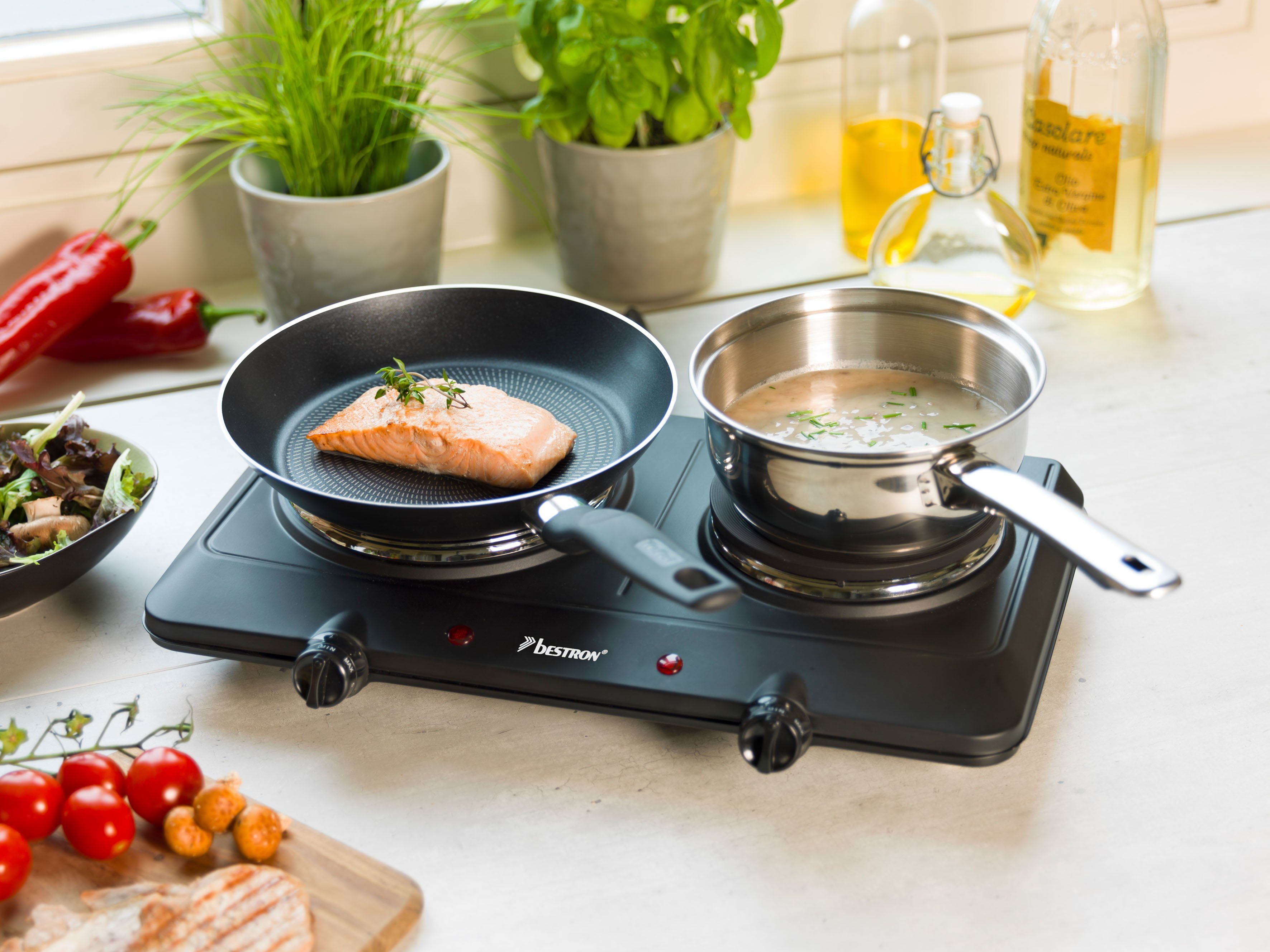 bestron Doppelkochplatte AHP250 Kitchen Heroes, aus Gusseisen, Ø 18/15 cm, 2250 Watt, Schwarz