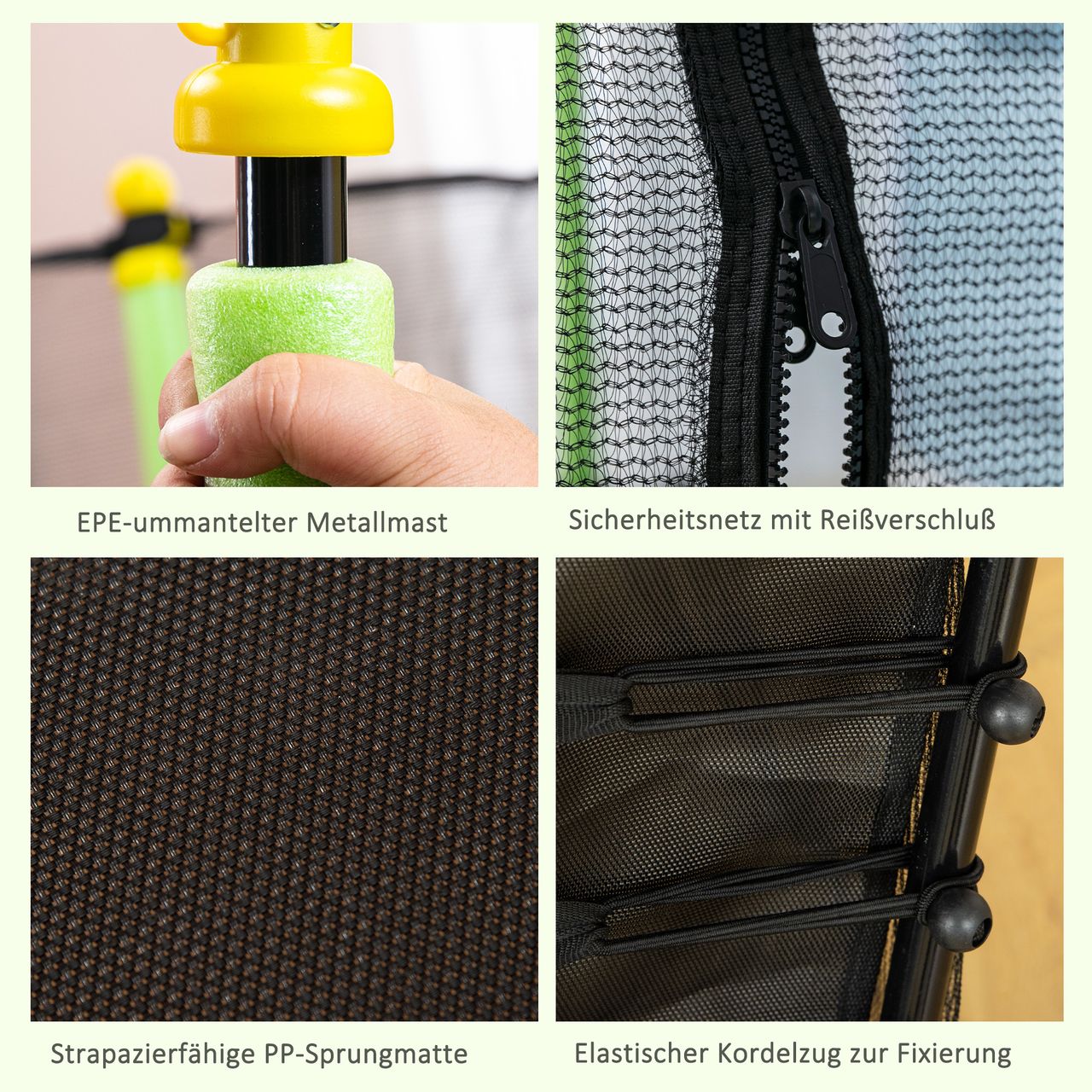 HOMCOM 5,3FT Trampolin für Kinder Gartentrampolin mit Sicherheitsnetz Randabdeckung Gummiseil gepolstert Fitness-Trampolin Mini-Trampoline mit Netz Stahl Grün 163,5H cm bis 60 kg