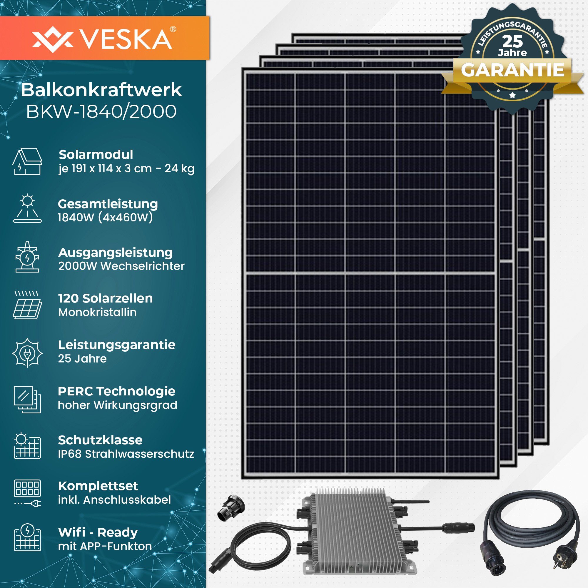 VESKA Solaranlage Balkonkraftwerk 1840 / 2000 Watt Photovoltaik Mini-PV Anlage, 1840,00 W, Monokristallin, (Komplettset, Schwarz WIFI), PERC Technologie, Antireflexbeschichtung