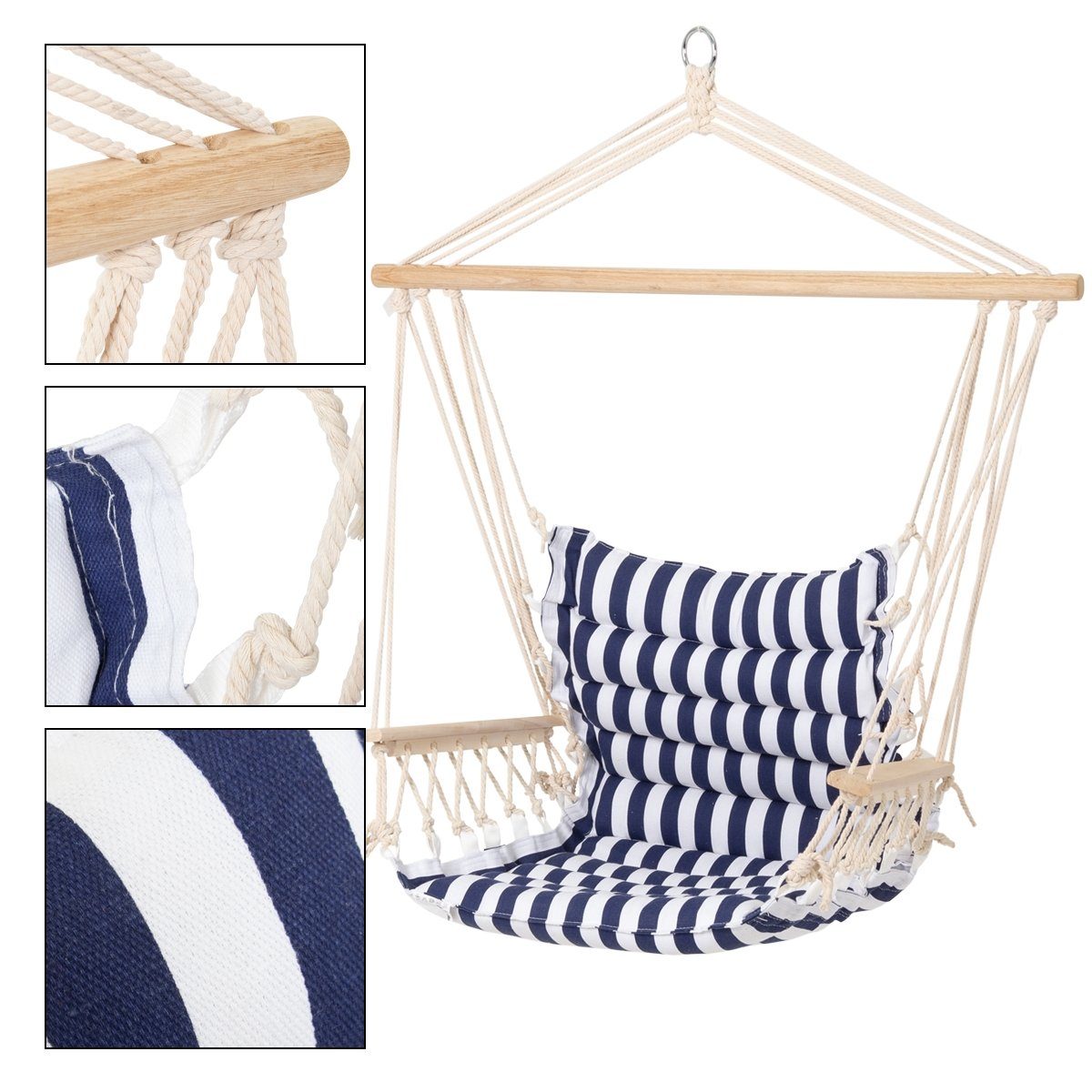 ECD Germany Hängesessel Design Hängesessel Hängestuhl Hängematte Hängesitz, Baumwolle Armlehnen/Querstab Holz belastbar bis 120kg Blau/Weiß