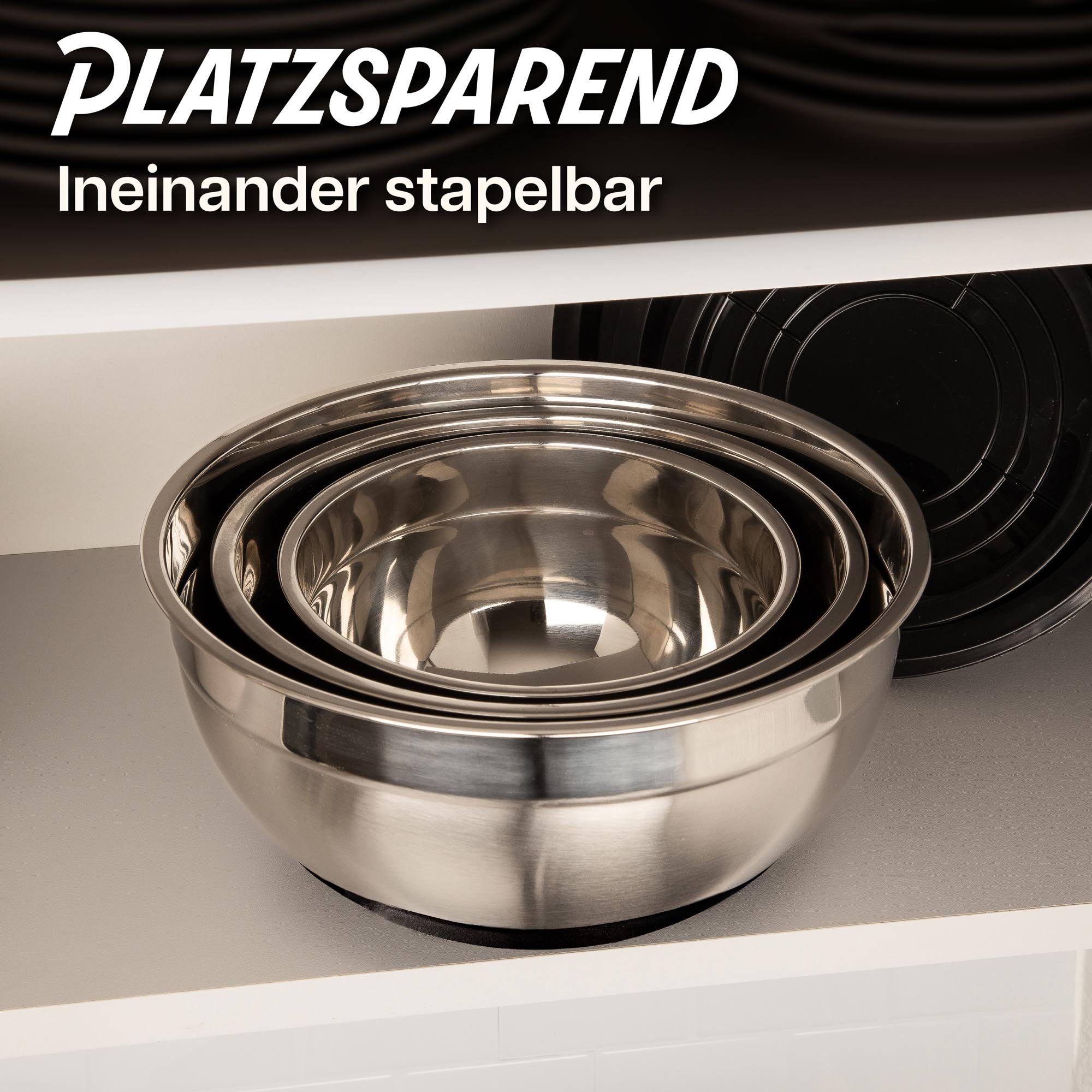Praknu Salatschüssel mit Deckel - Schüsselset aus Metal Groß Tupperware Edelstahlschüssel, Edelstahl, (Set, 3-tlg), Luftdicht - Rührschüssel mit Messskala - Ideal zum Mischen