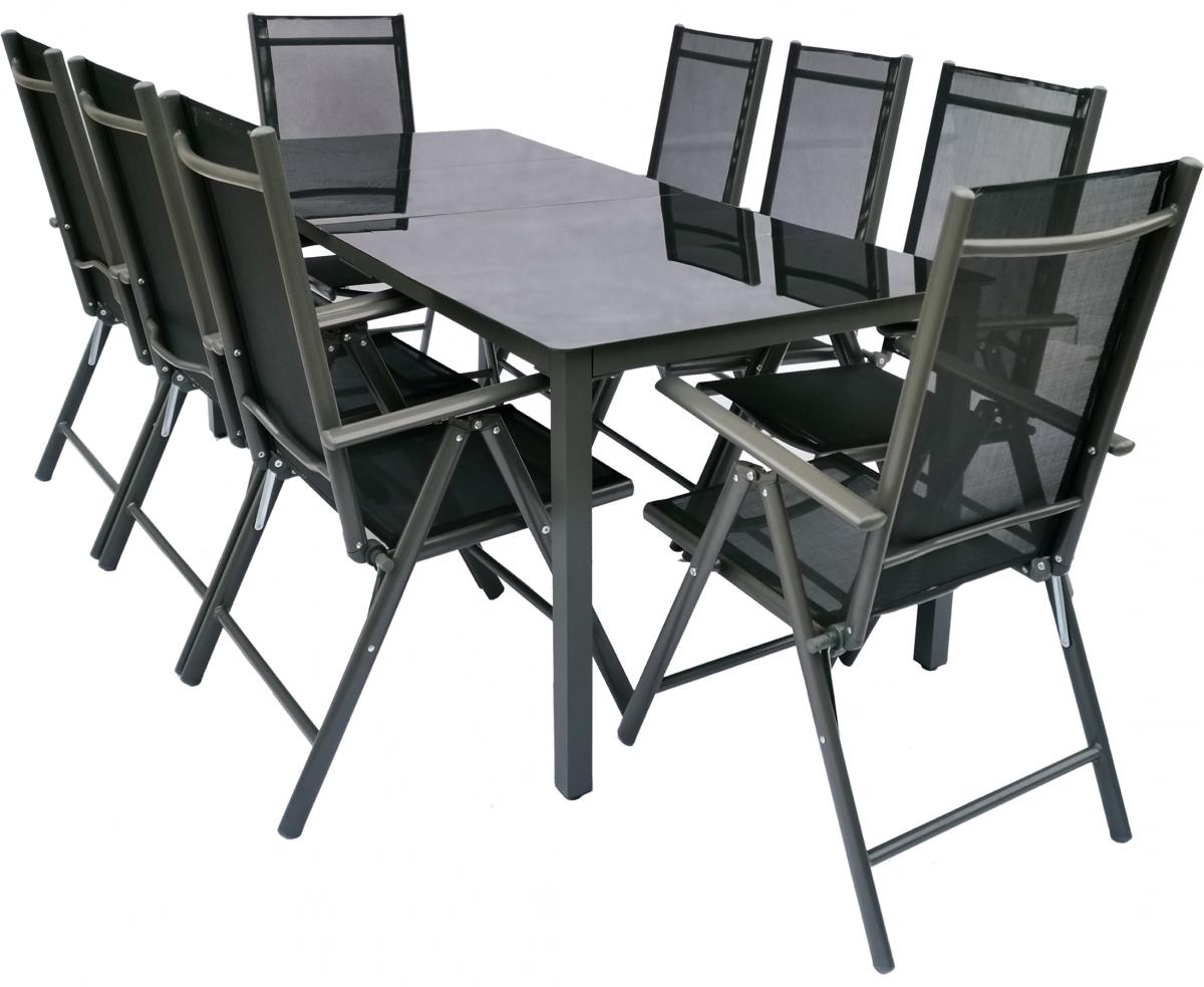 VCM Alu-Gartenset 189 Schwarzglas Tisch   8 Stühle