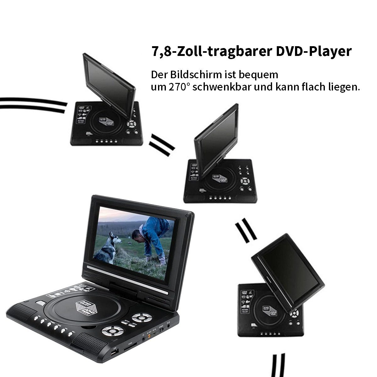 Yoyaxi Tragbarer 7,8-Zoll-DVD-Player,wiederaufladbar,Spielfunktion,AV-Ausgang Portabler DVD-Player (AVI EVD DVD SVCD VCD CD CD R RW MPEG 4, TV-Funktion)