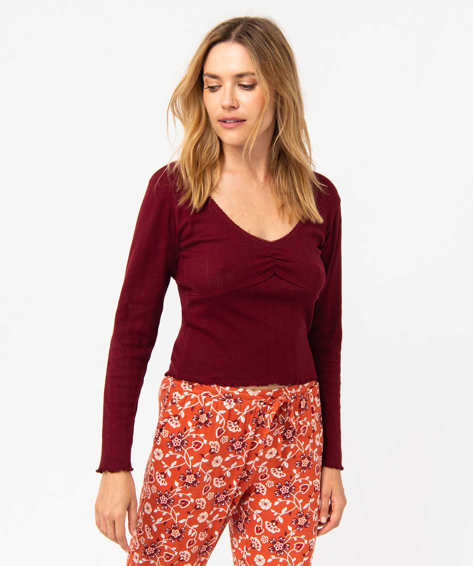Haut de pyjama à manches longues en maille ajourée femme marron | GEMO