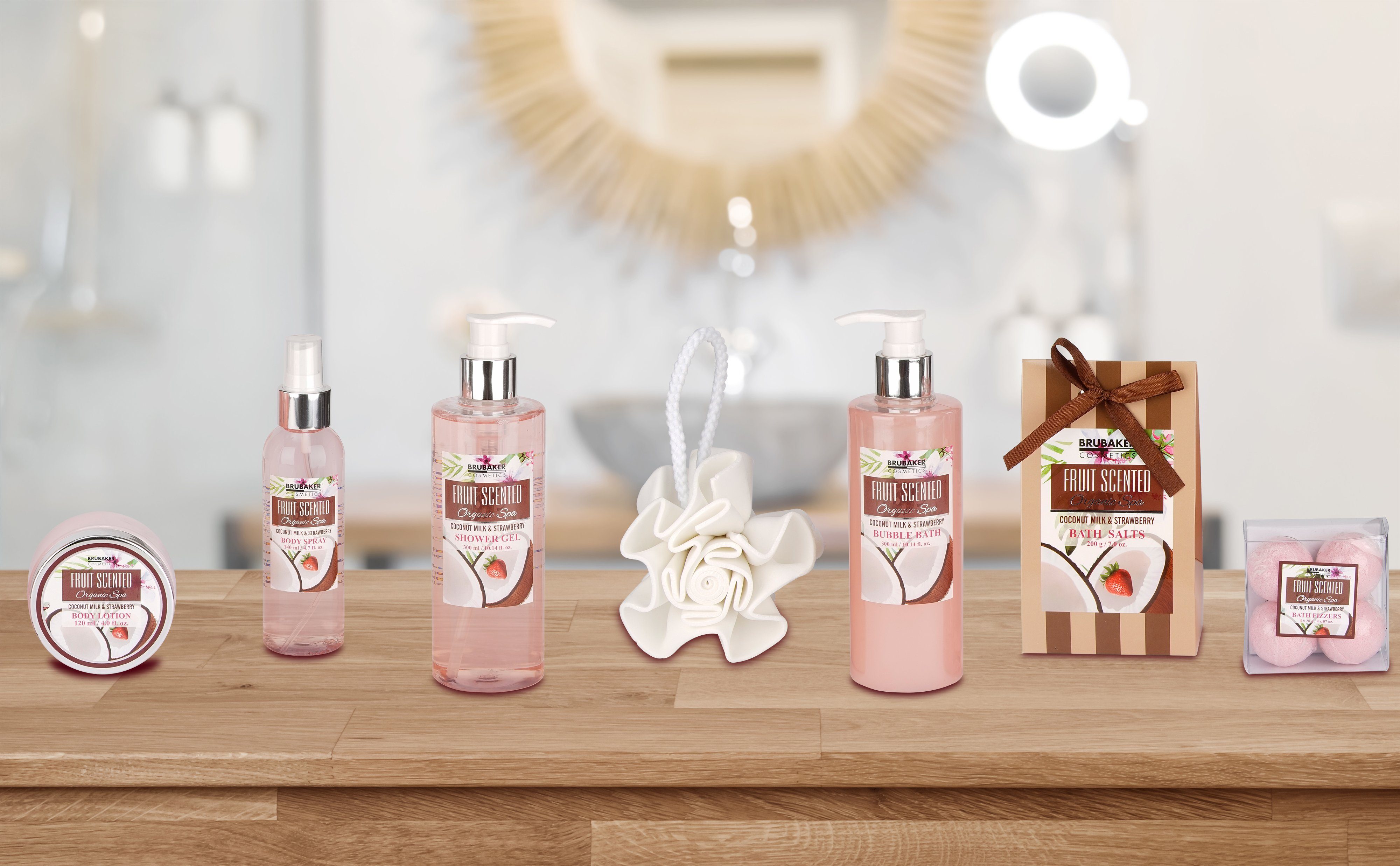 BRUBAKER Pflege-Geschenkset Dusch- und Badeset mit Kokosnuss & Erdbeer Duft Set, 11-tlg., Frauen Geschenk Set in Vintage Wanne, Wellness Pflegeset für Damen