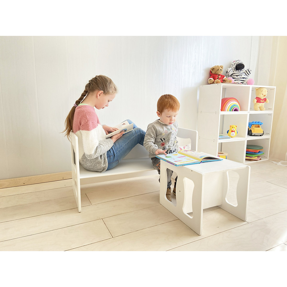 3 in1 multifunktionales Wendemöbel Set, Kindertischgruppe, Kindertisch und Hocker nach Montessori Art, Kindermöbel Sitzbank Kinderstuhl,  Kinderschreibtisch, Wendetisch, Wendestuhl