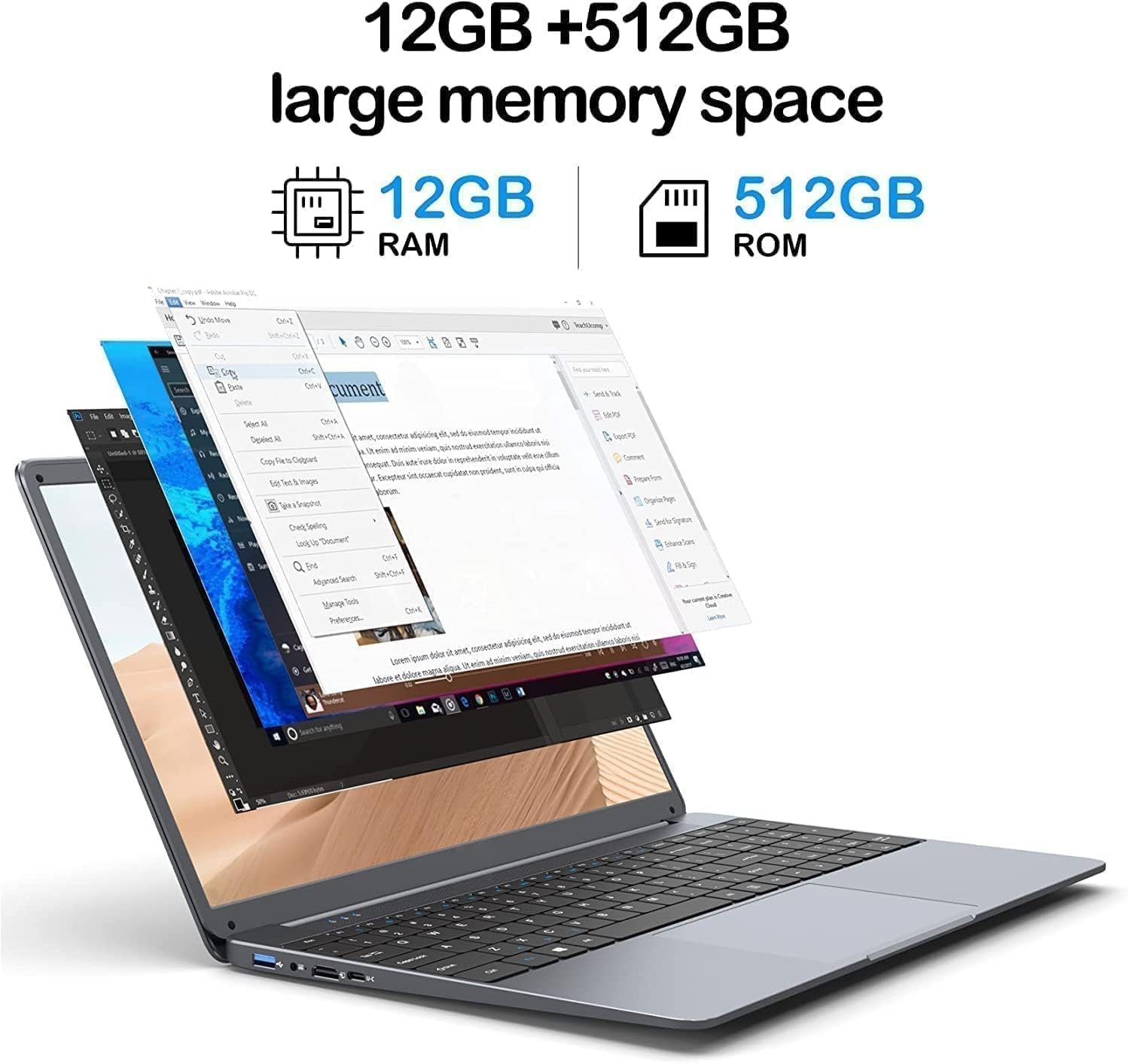 SGIN Notebook (Intel Celeron N5095, UHD Grafik, 512 GB SSD, Full HD Display 12GB Ram vielseitige Anschlüsse, leicht und tragbar)