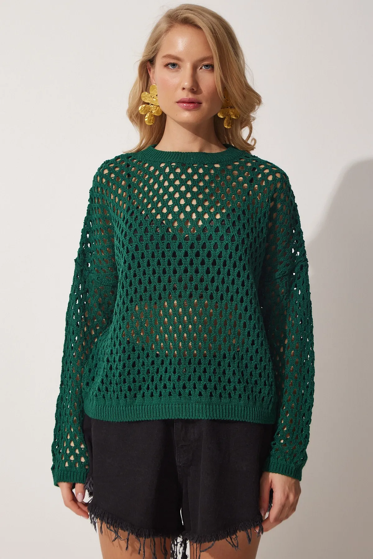 Happiness İstanbul  Dunkelgrüne durchbrochene saisonale Strickbluse für Damen NF00051