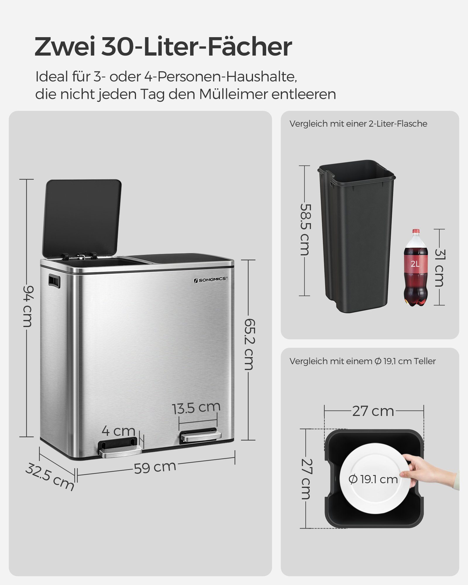 SONGMICS Mülleimer Mülltrennsystem, mit 2 Fächern, 2 x 30 L, Küche