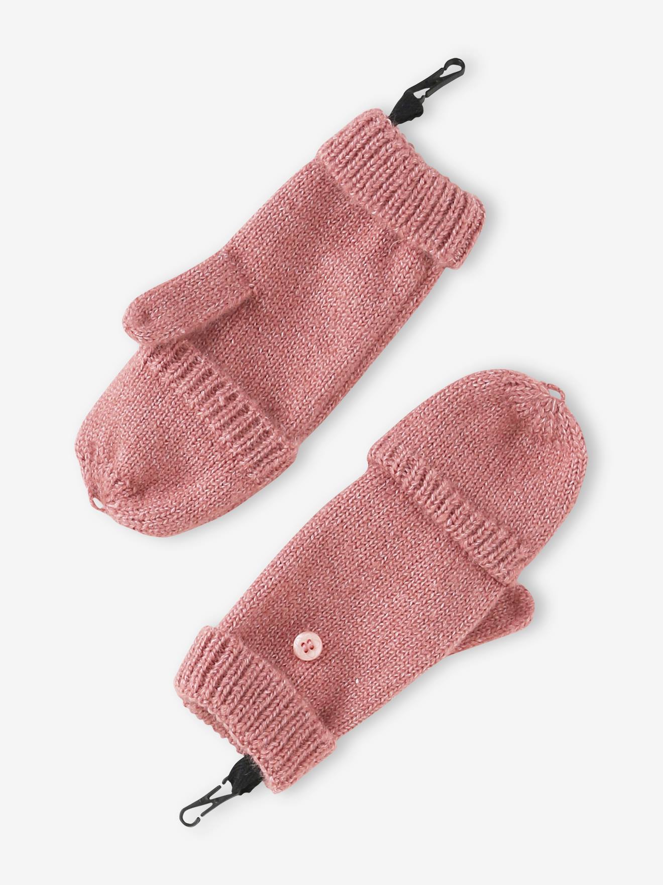 Ensemble fille en maille côtelée bonnet + écharpe + moufles/mitaines beige chiné