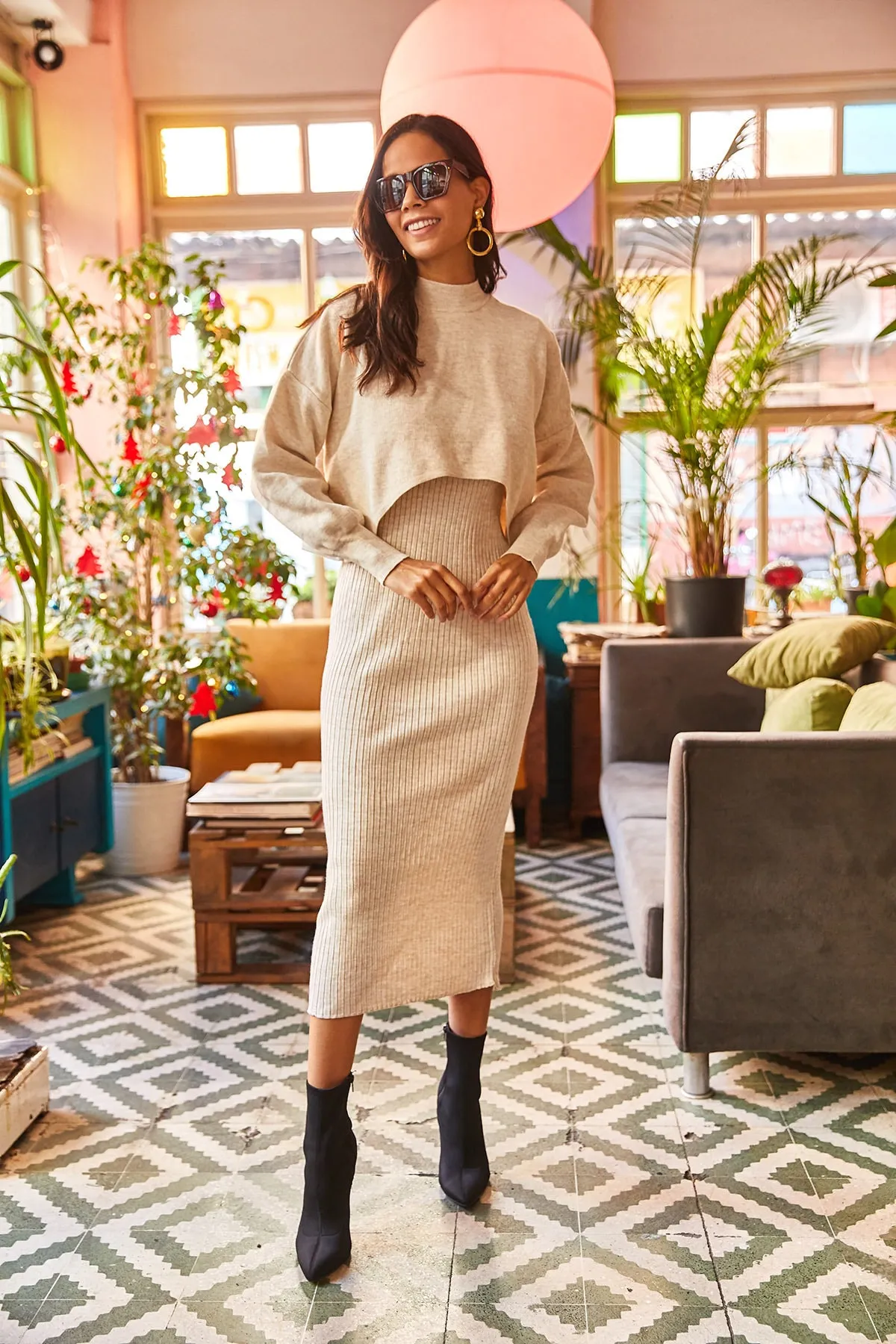 Olalook  Damen Strickwaren-Set mit Oberteil und kurzem Pullover sowie Trägerkleid in Steinoptik TKM-19000176