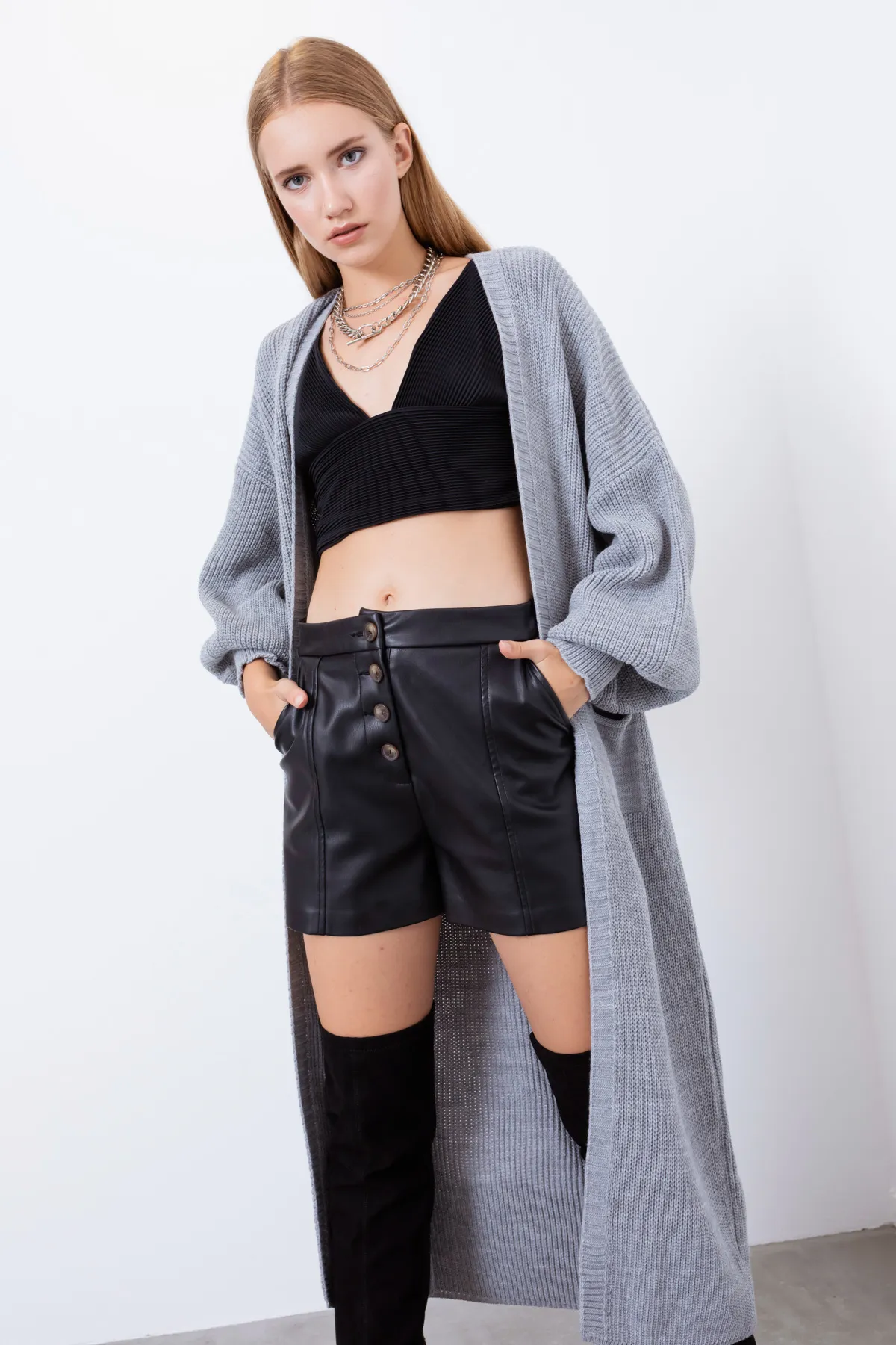 Lafaba  Grauer langer Damen-Cardigan mit Ballonärmeln