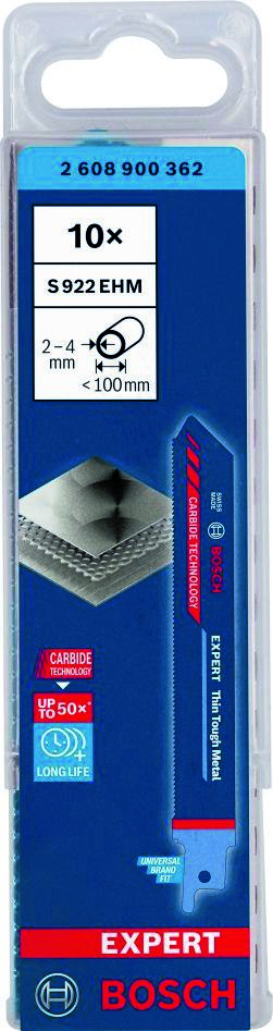 Conjunto de 10 lâminas de serra recíproca Bosch Blue Accessories 2608900362 Expert ‘Thin Tough Metal’ S 922 EHM