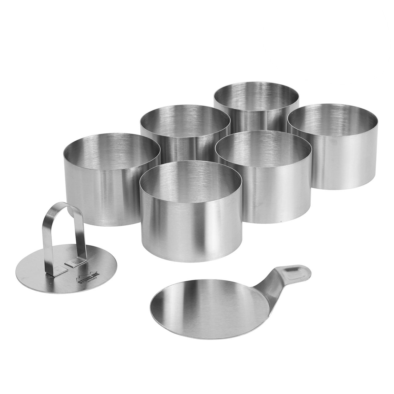 STONELINE® Dessert- und Speiseringe Set, 8-teilig, Edelstahl, 6 Ringe, 1 Heber, 1 Stempel, Lebensmittel Presse