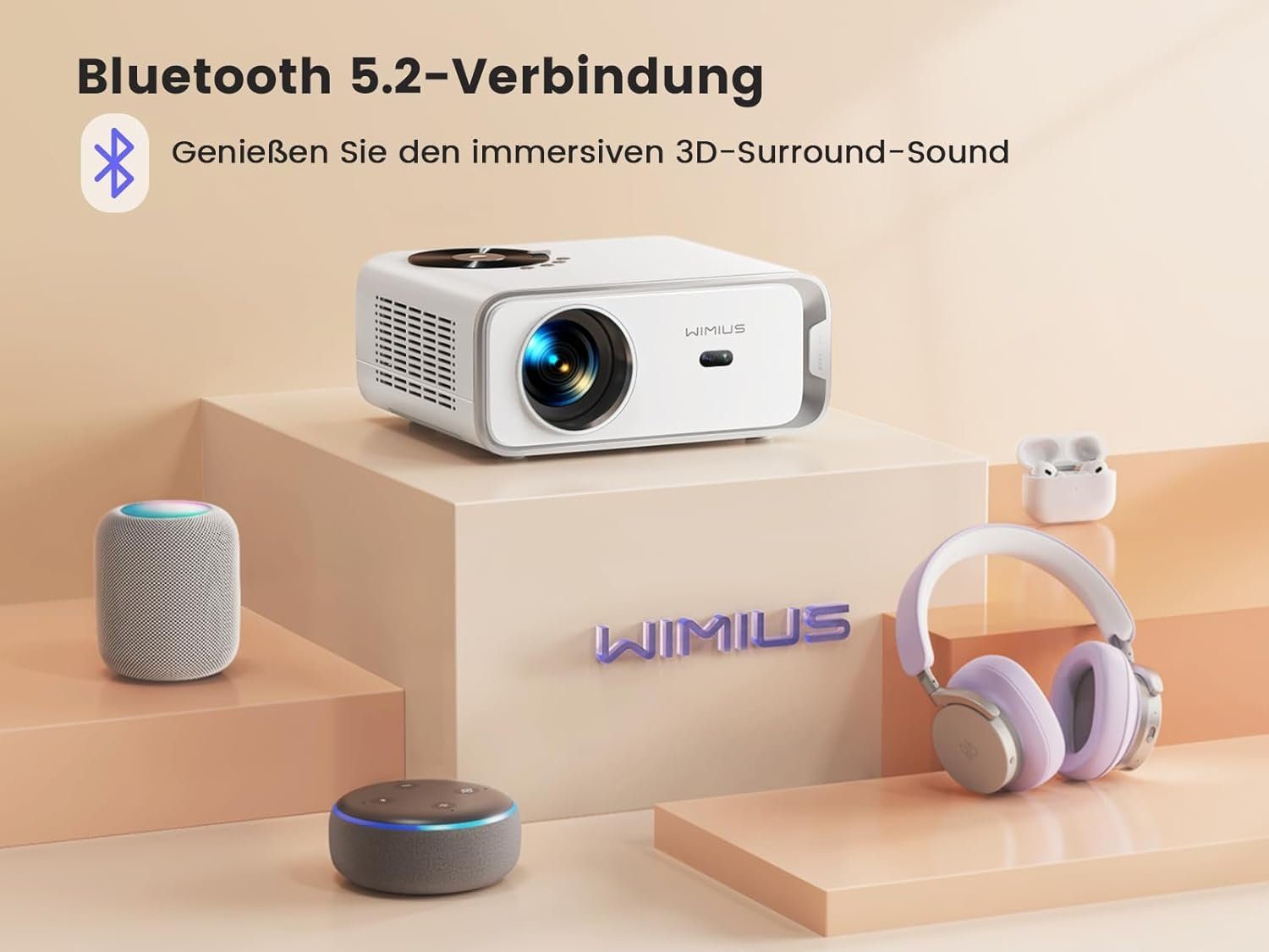 WiMiUS Andriod TV Elektrischer Fokus Nativ 1080P WiFi6 Bluetooth Beamer (1920 x 1080 px, 4K-Unterstützung 750ANSI Video Beamer Heimkino mit Stativ/Automatische)