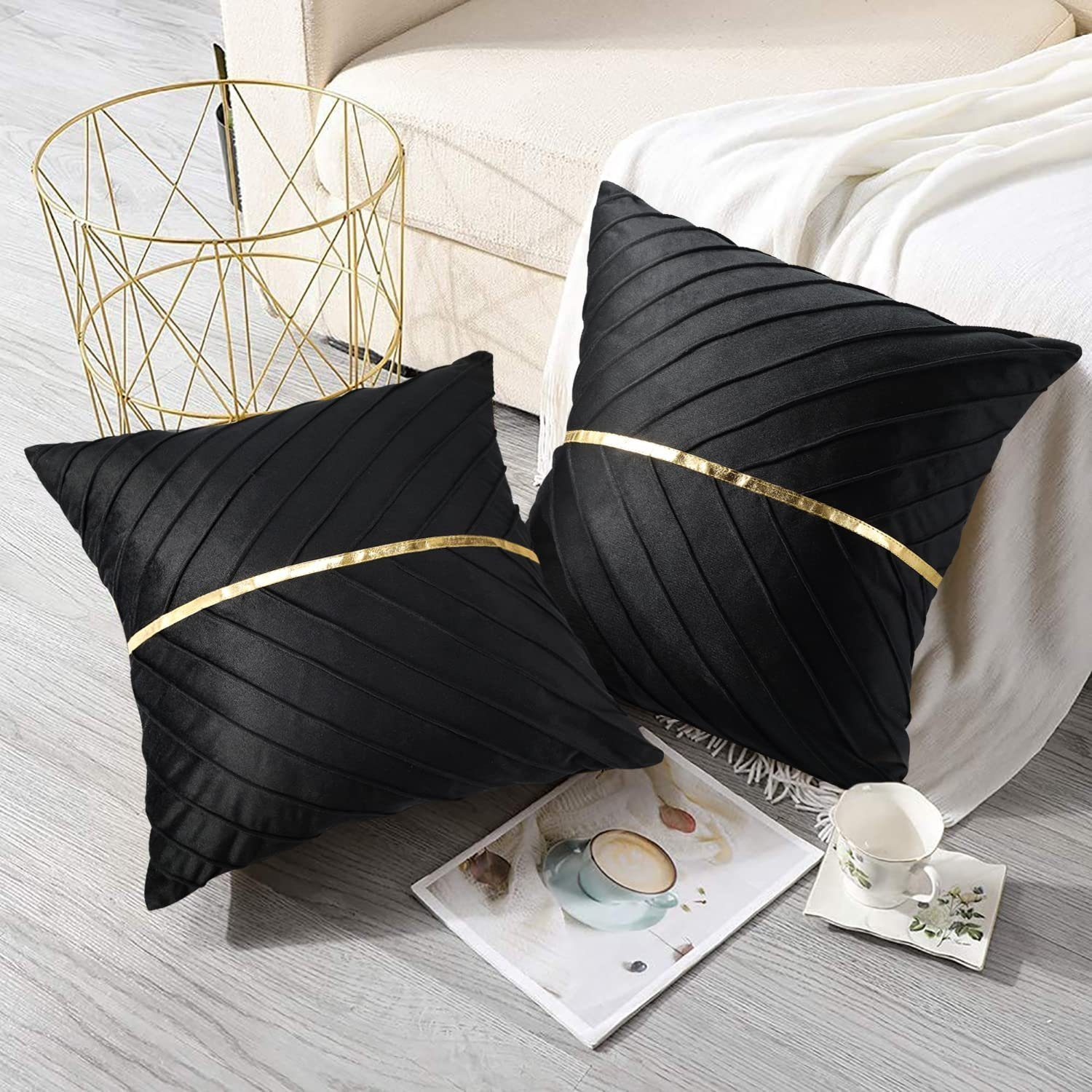 Kissenbezüge, HOMEIDEAS (2 Stück), Samt Golden Patchwork Kissenbezug 45x45cm