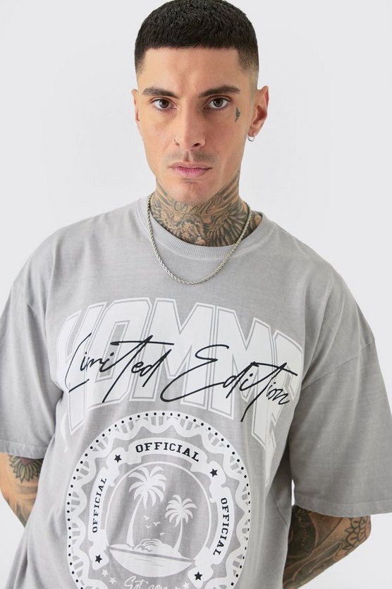 Tall graues T-Shirt mit Homme Palmen-Print