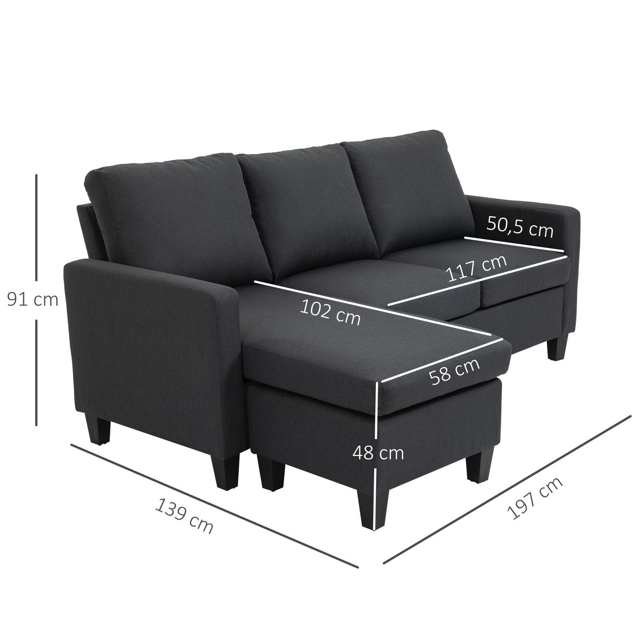 HOMCOM Ecksofa Stoffsofa Eckcouch Couchgarnitur mit wendbarer Chaiselongue L-Form Leinen Dunkelgrau 197 x 139 x 91 cm