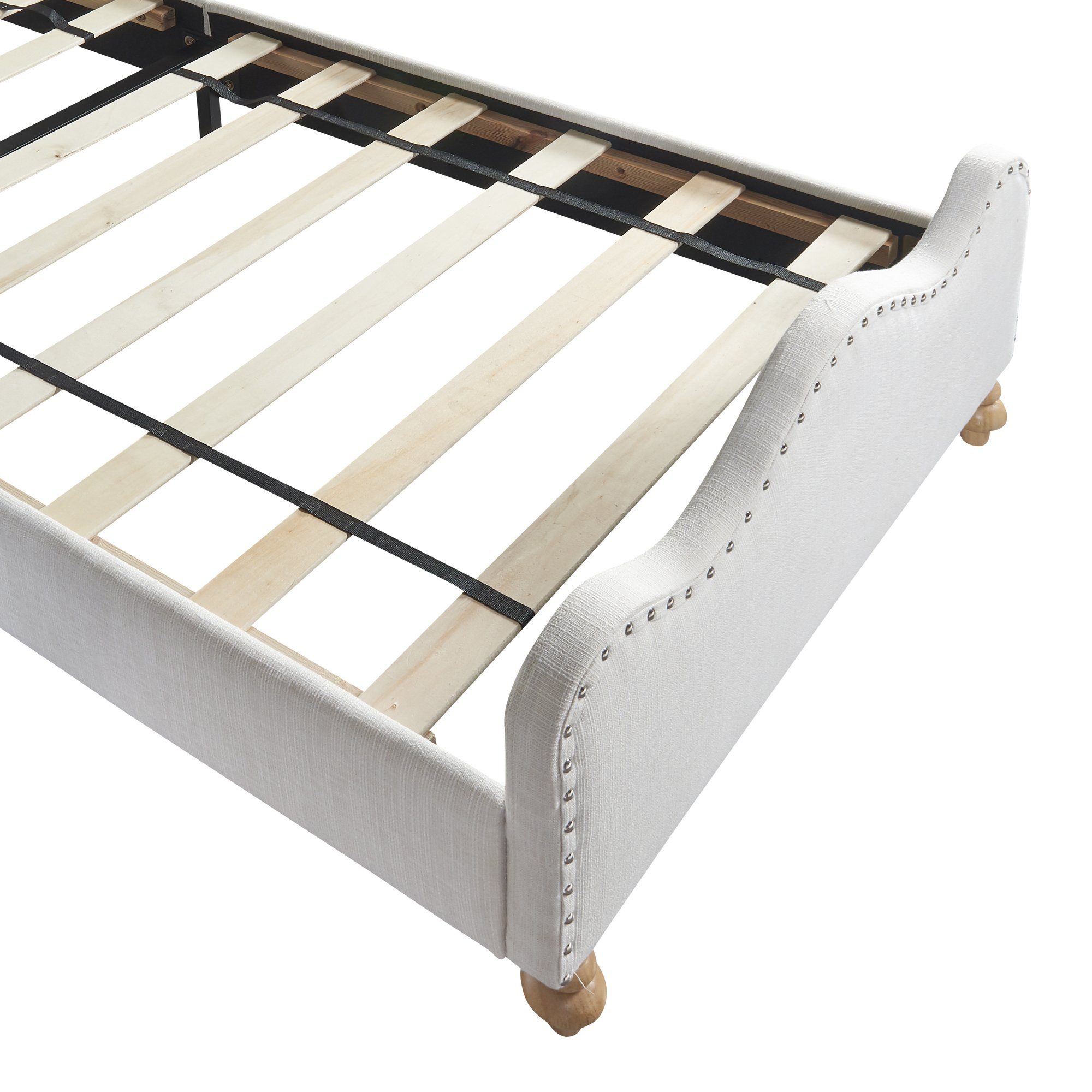 OKWISH Polsterbett Kinderbett Doppelbett Funktionsbett Gästebett (mit Fußteil und Lattenrost gepolstertes Einzelbett Jugendbett Gästebett 90x200 cm, Bettgestell in weißem hautfreundlichem Leinenstoff mit Kopfteil), ohne Matratze